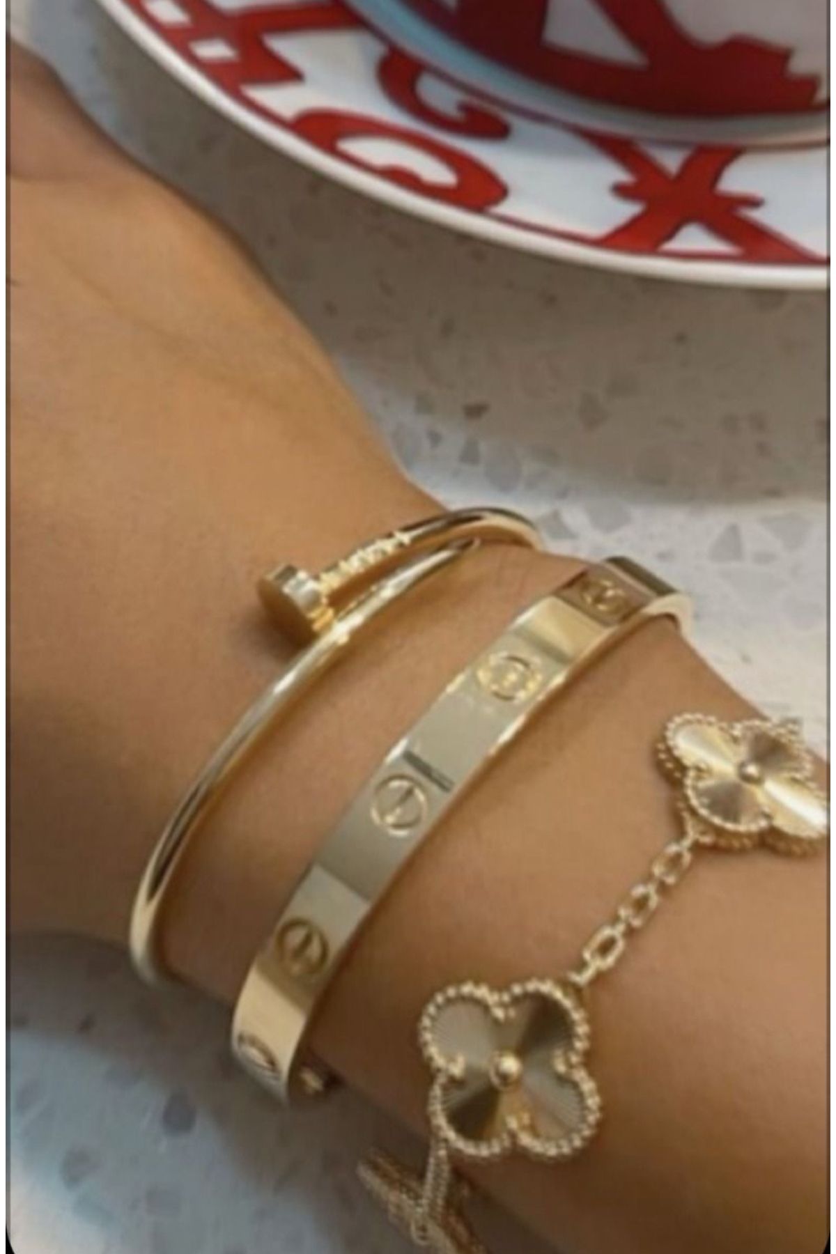 bs bellss accessory Gold Yonca Model Üçlü Bileklik Set