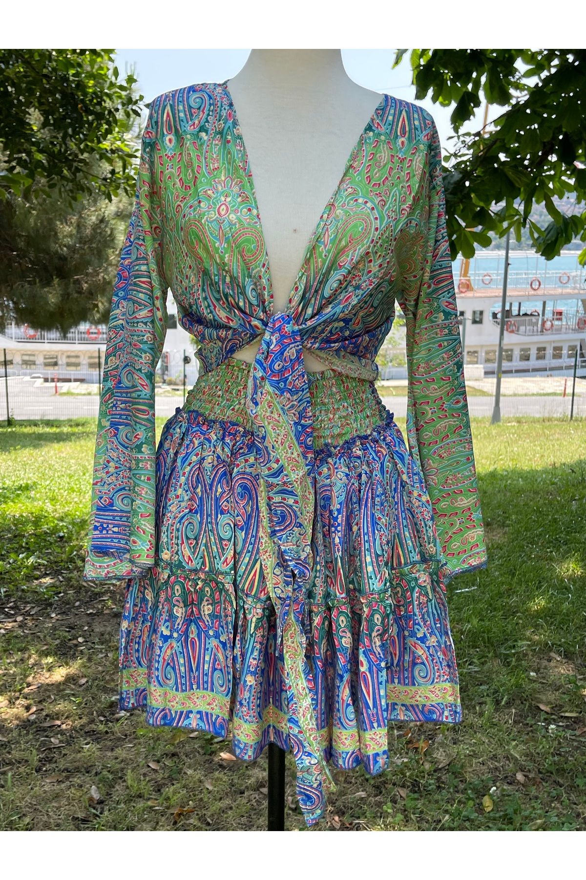 Madame Lucid İpek Bağlamalı Üst Mini Etek Boho Sarı Takım