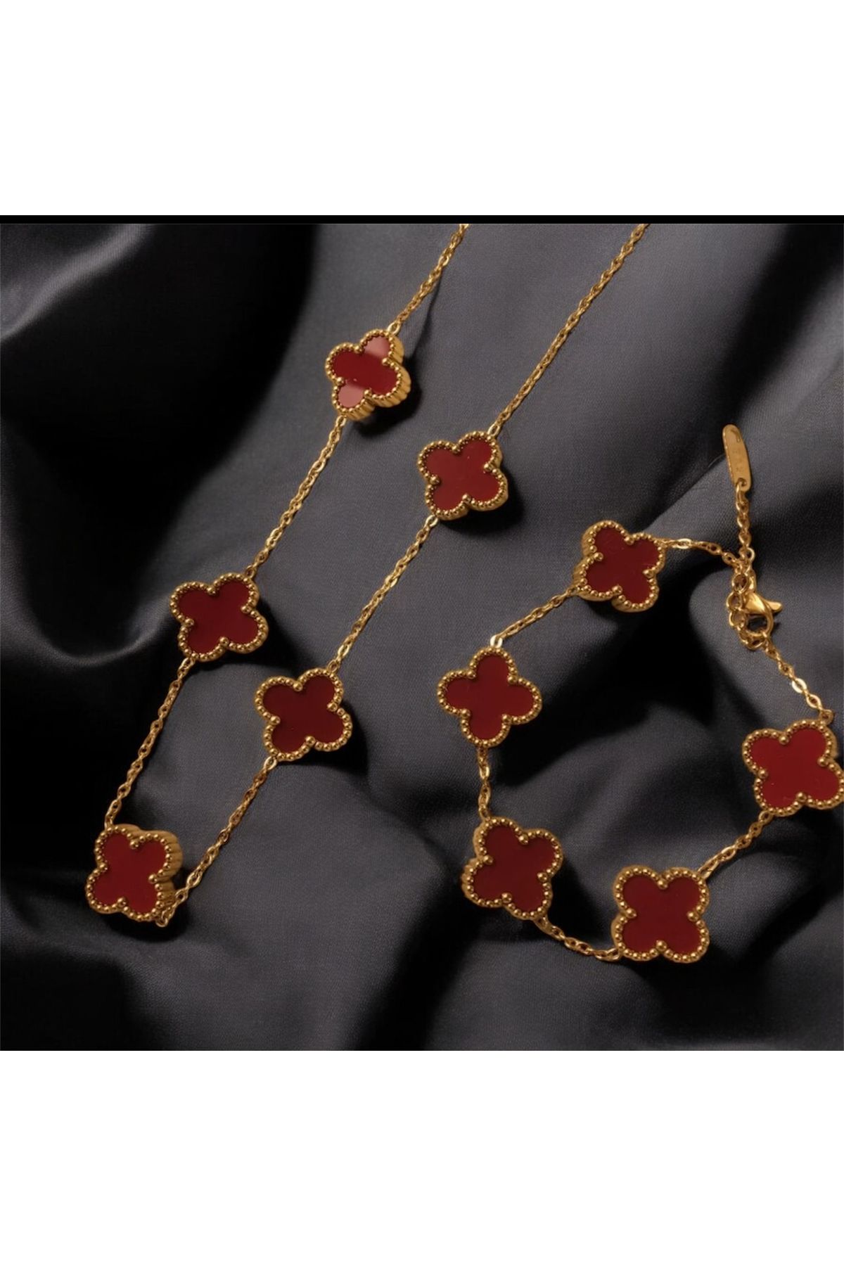 bs bellss accessory Bordo Yonca Model Kolye Bileklik Set