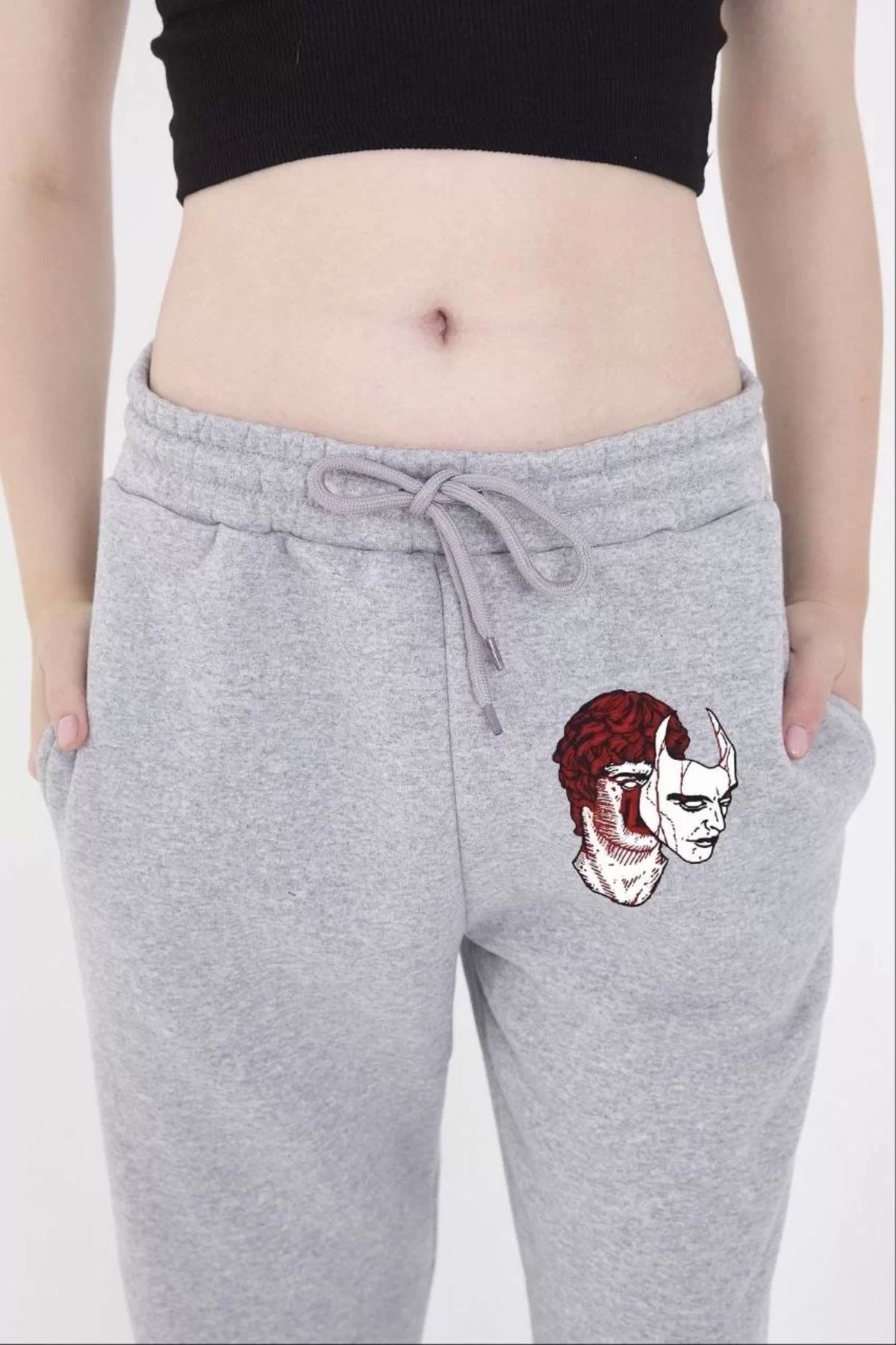 BÜŞRA TEZEL MODA Kadın Lastikli Baskılı Eşofman Pantolon - Gri