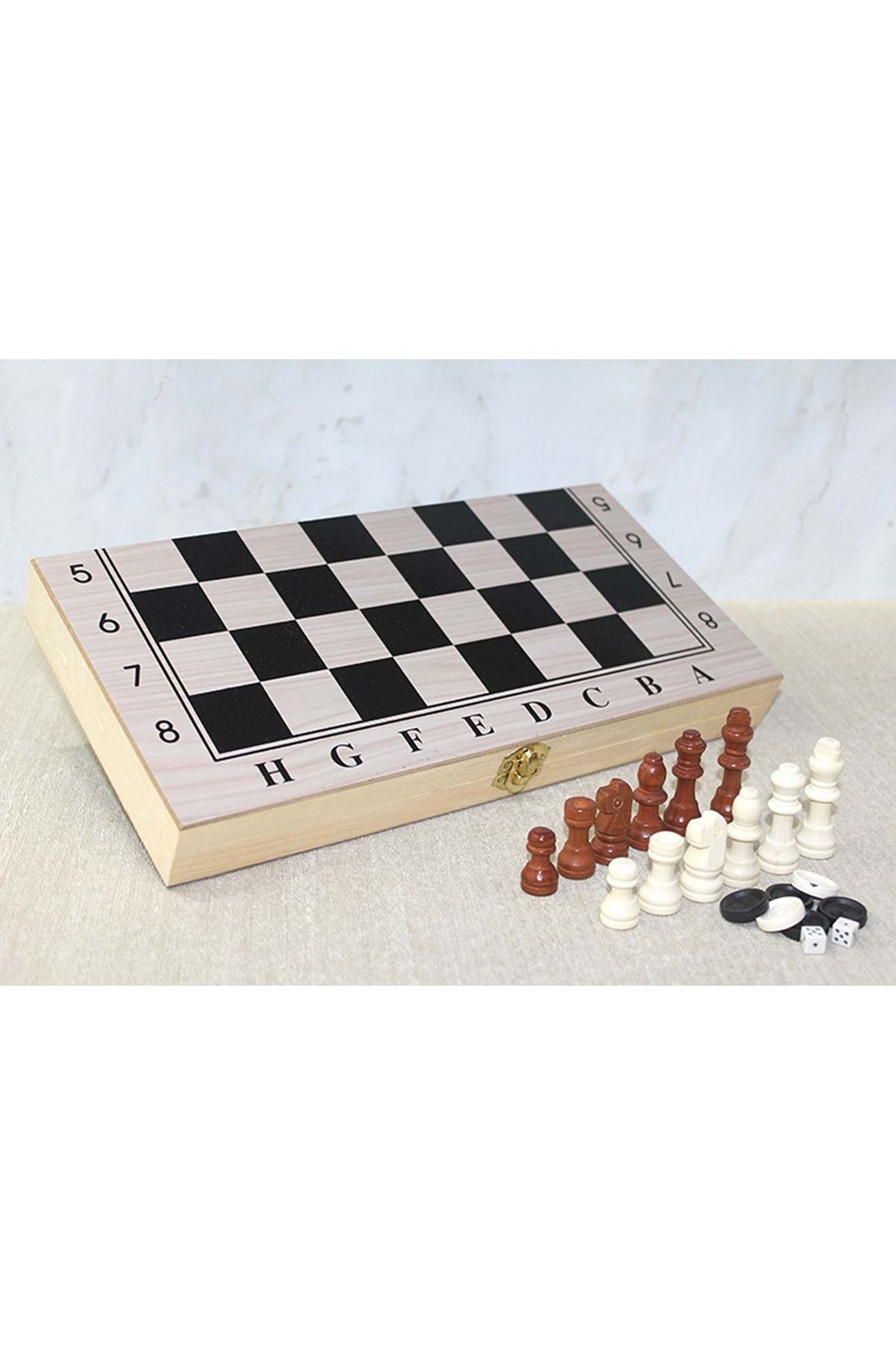 Store Ahşap Kutulu Satranç ve Tavla Seti 28Cm
