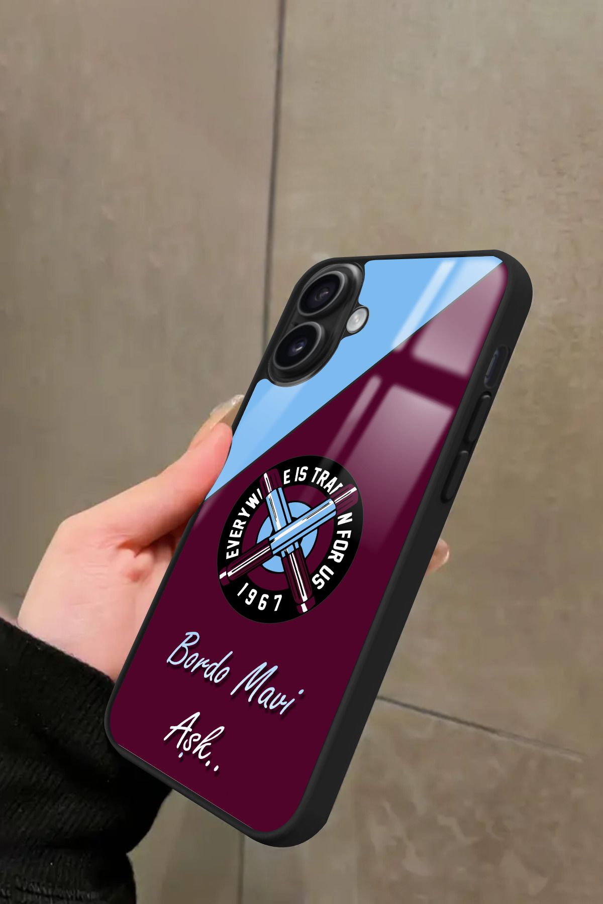 Snacase iPhone 16 Plus Uyumlu Bordo Mavi Aşk Yazılı Glossy Premium Kılıf