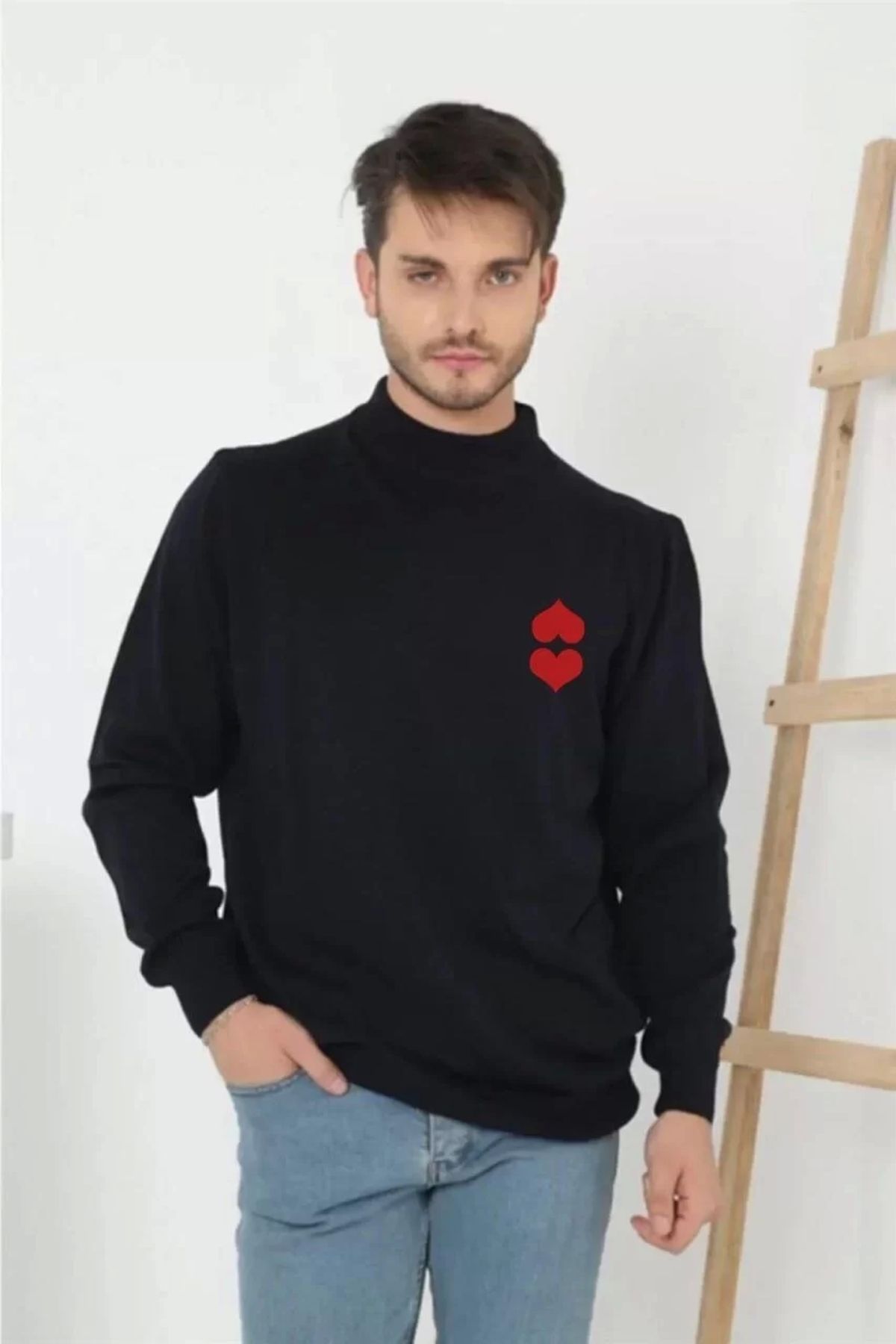 CanselButik Unisex Yarım Boğazlı Baskılı Dokuma Triko - Lacivert