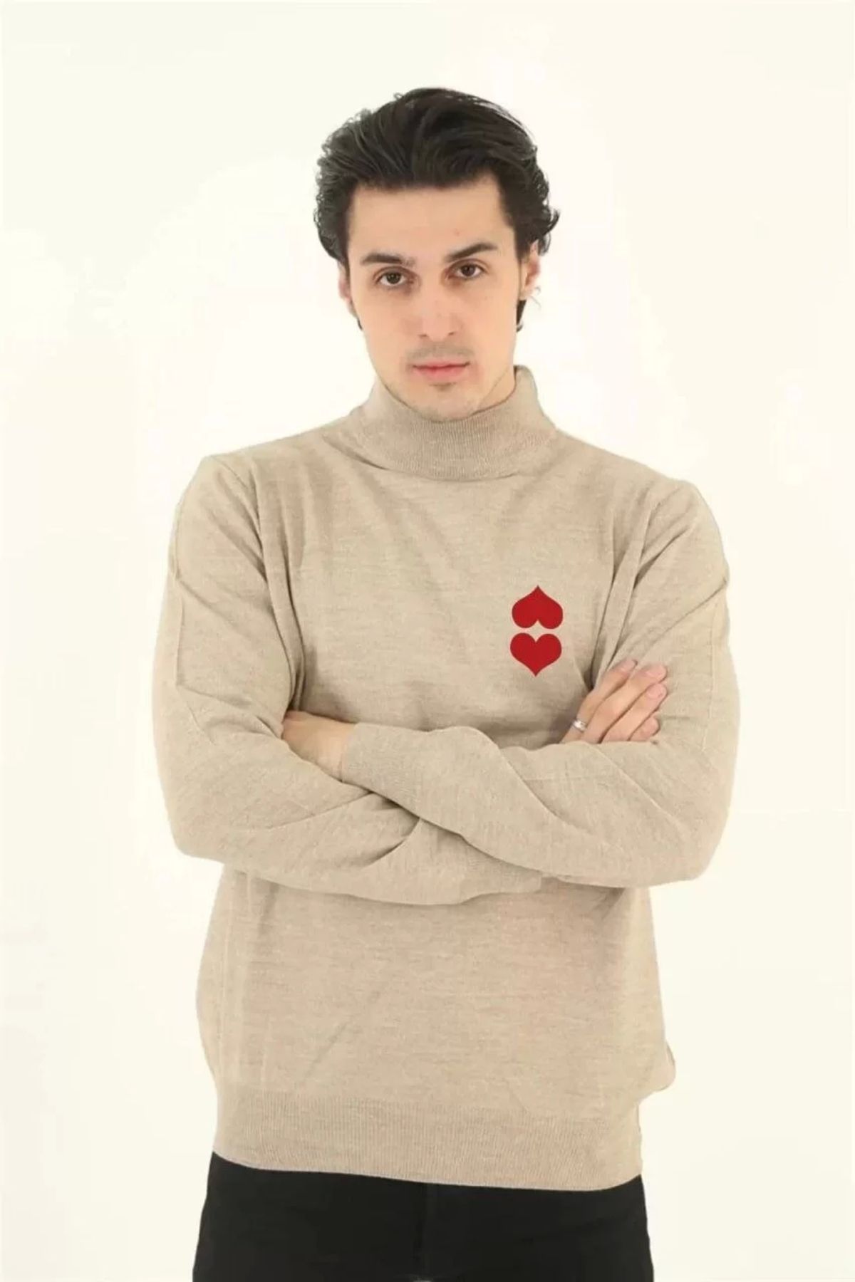 CanselButik Unisex Yarım Boğazlı Baskılı Dokuma Triko - Bej
