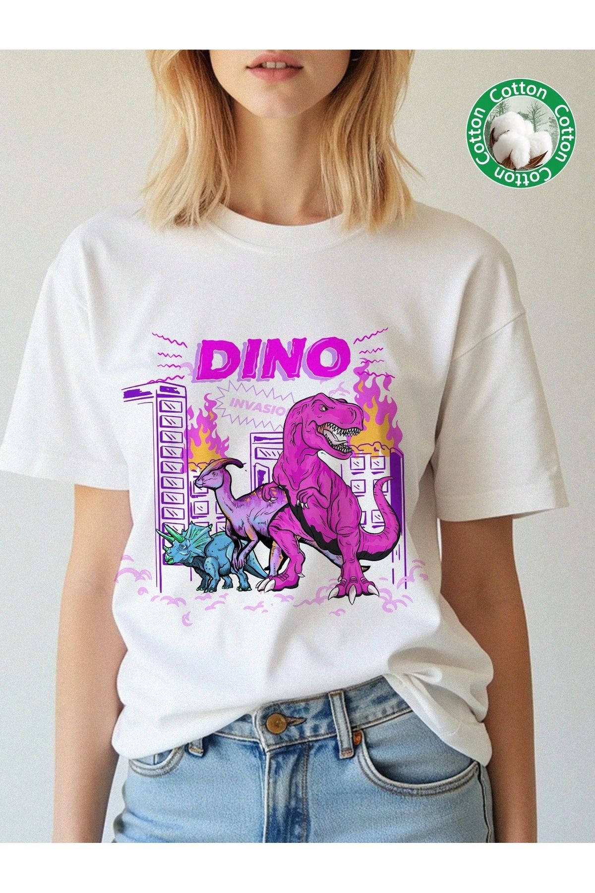 OVER HEAD Kadın Dinozor Renkli Baskılı Oversize T-shirt