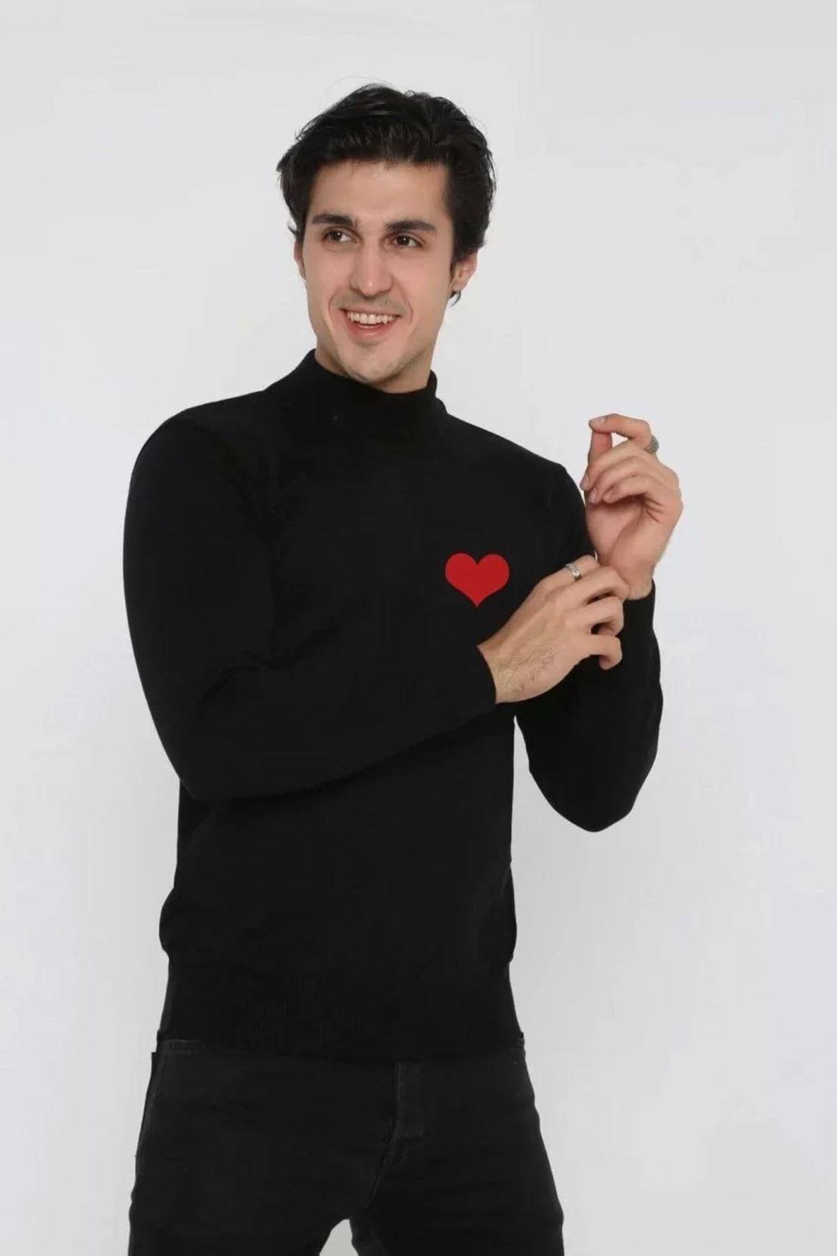CanselButik Unisex Yarım Boğazlı Baskılı Dokuma Triko - Siyah