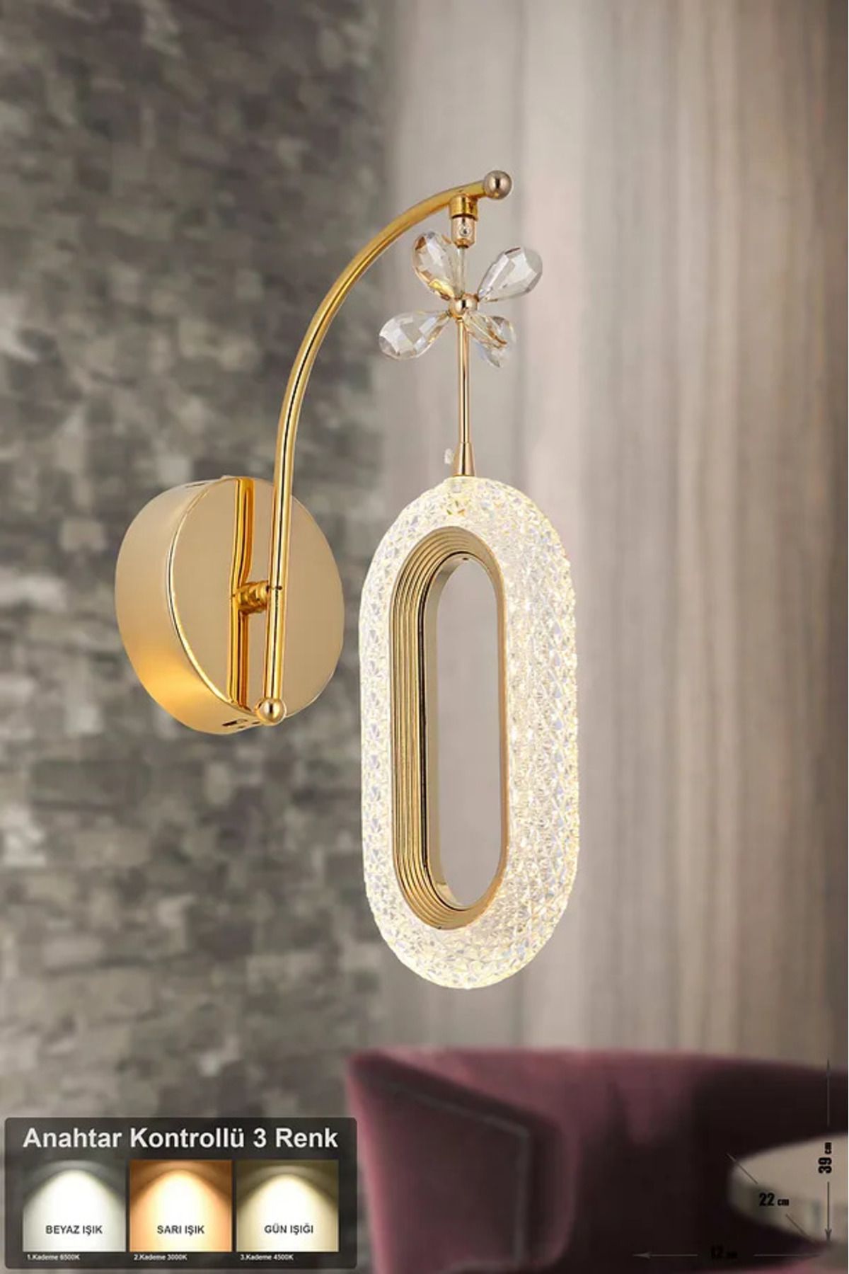 Nova Lighting Alfa Tekli Gold Kristal Taşlı 3 Renk Modu Aplik Avize