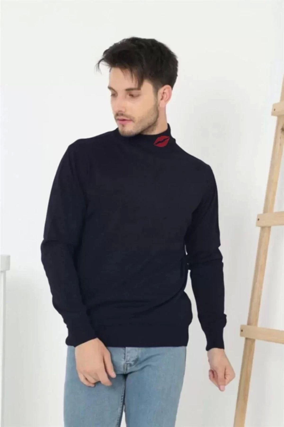 CanselButik Unisex Yarım Boğazlı Baskılı Dokuma Triko - Lacivert
