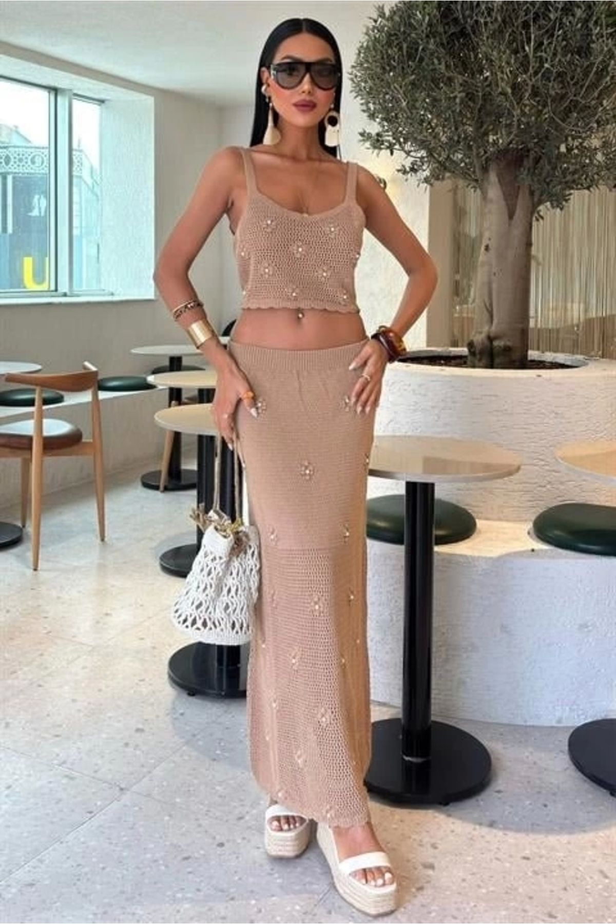 Butik İnci Ve Çiçek Detaylı Büstiyerli Triko Takım