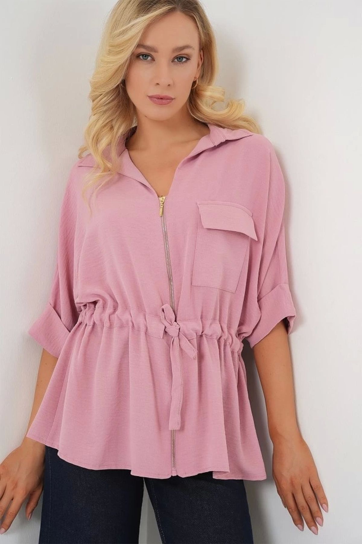 Butik Fermuarlı Gömlek 0721 - Pudra