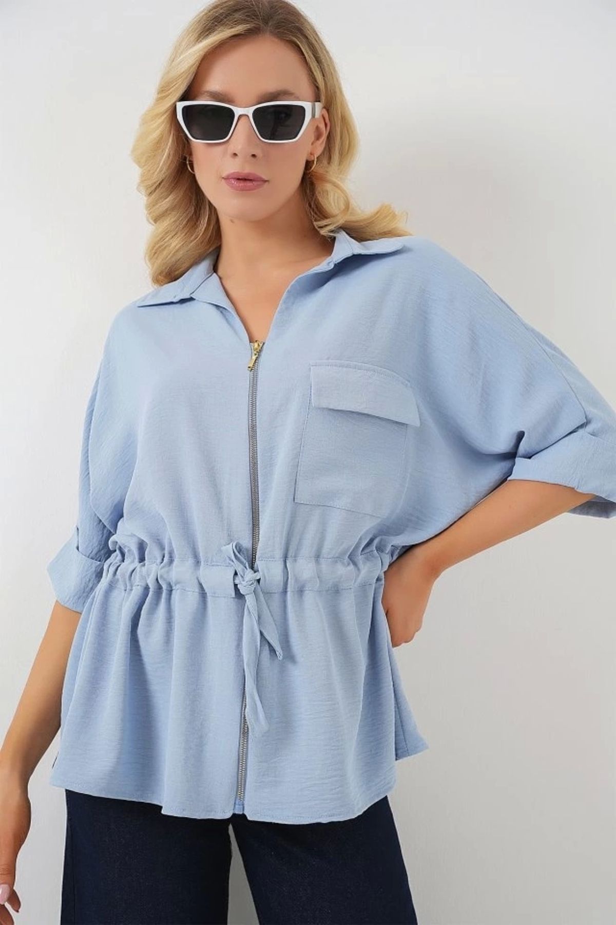 Butik Fermuarlı Gömlek 0721 - Mavi