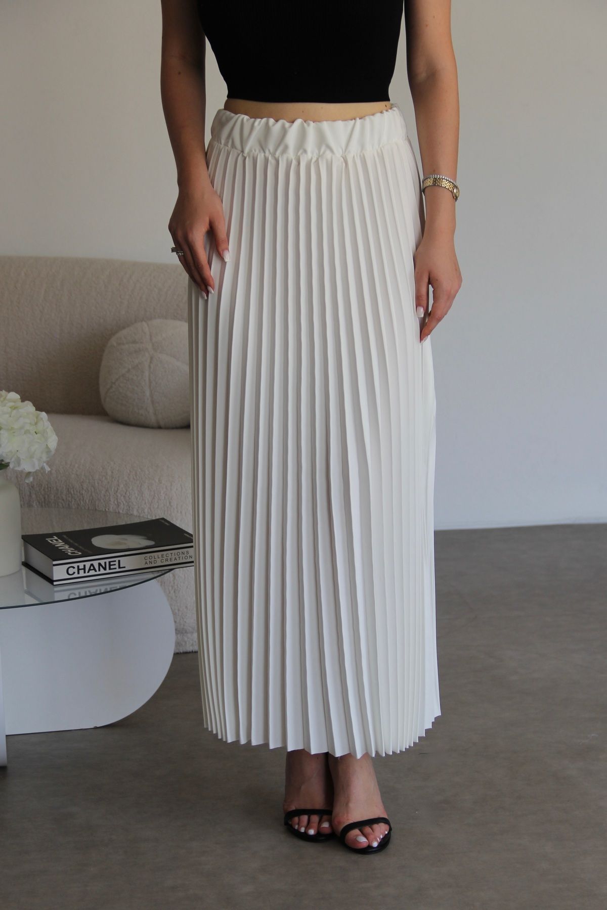 Julidress Beli Lastikli Verev Kesim Midi Boy Premium Piliseli Etek