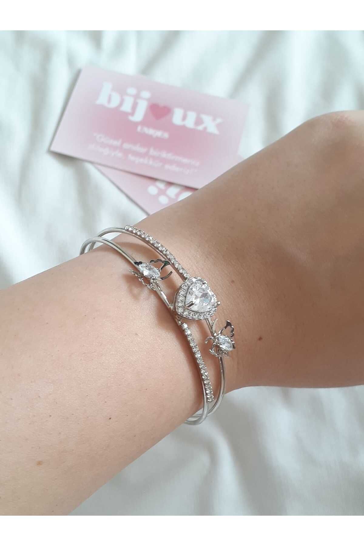 bijoux uniques Çelik Ayarlanabilir Kalpli&Kelebekli Bileklik