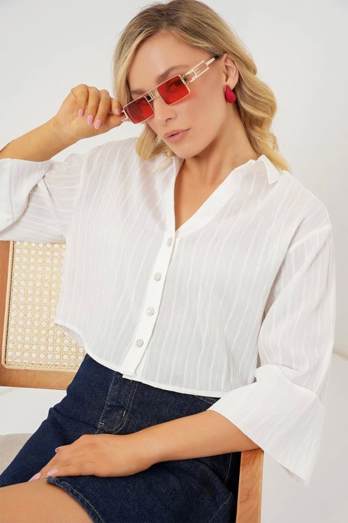 Butik Çizgili Oversize Kısa Gömlek 20326 - Beyaz
