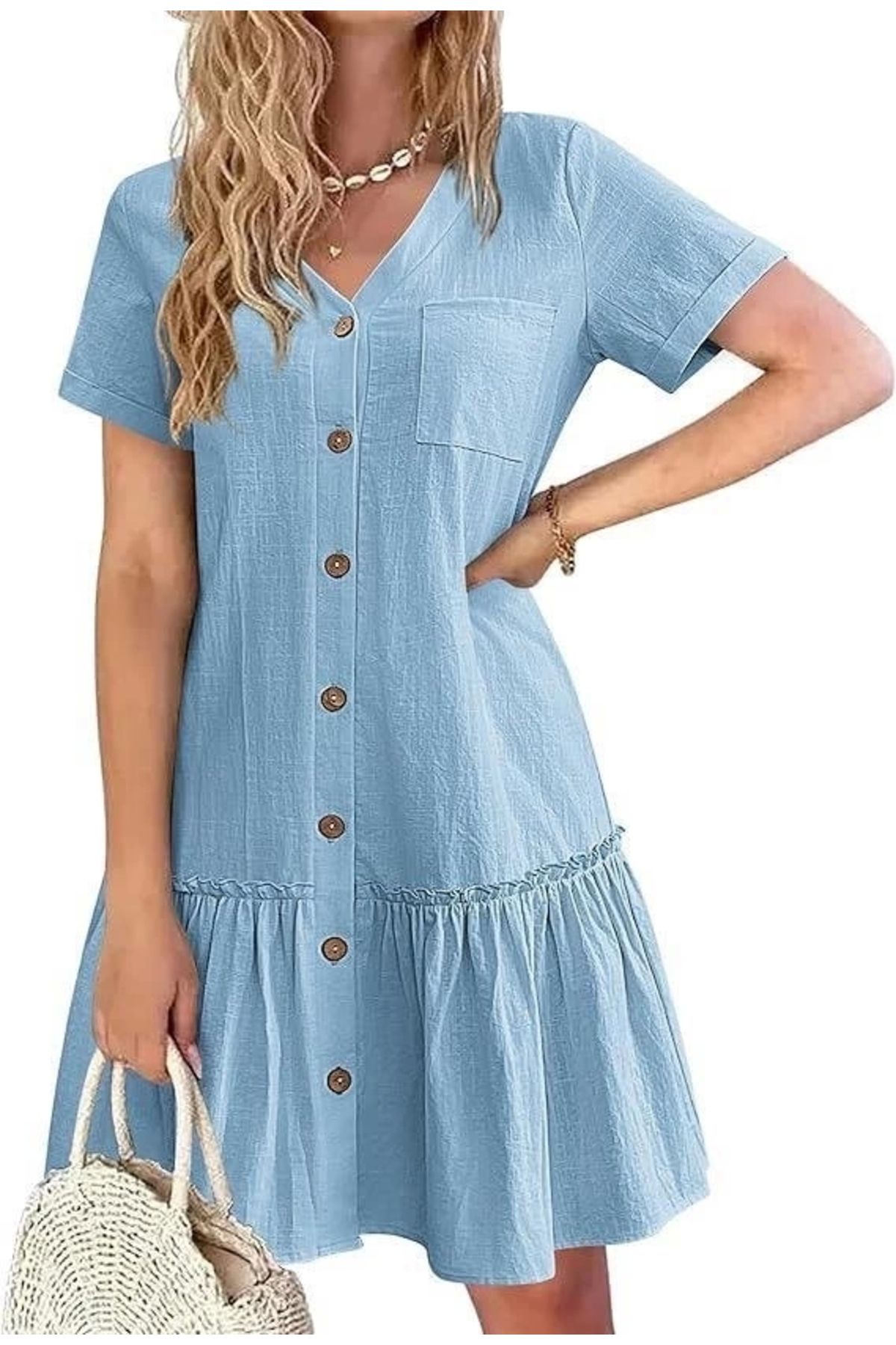 Butik Kadın Cep Detaylı Düğmeli Viskon Keten Kumaş Elbise
