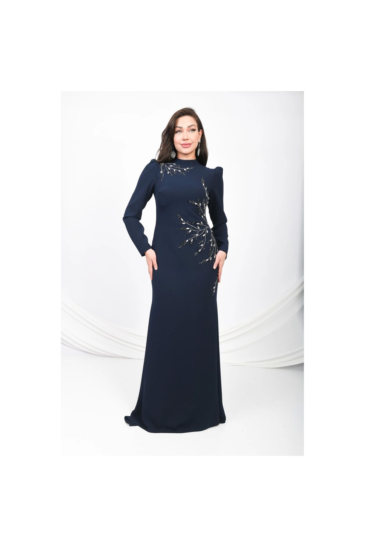 Moda Sezaver Tesettür Abiye | Nikah Elbisesi | Hint İpeği Esintisi Krep Abiye - Lacivert