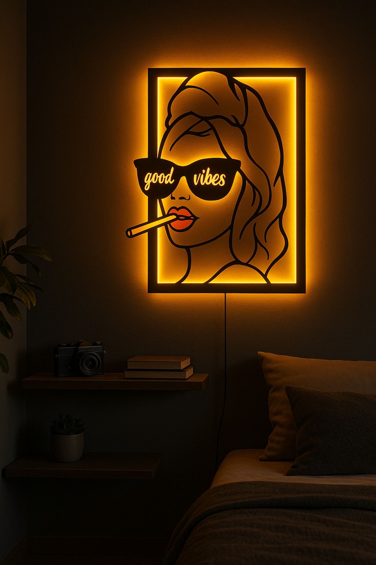 StorHome Ahşap LED Tak Çalıştır Adaptörlü MDF Pop Art Kadın Good Vibes Tasarımlı Duvar Dekoru - 6mm Mdf 50x50