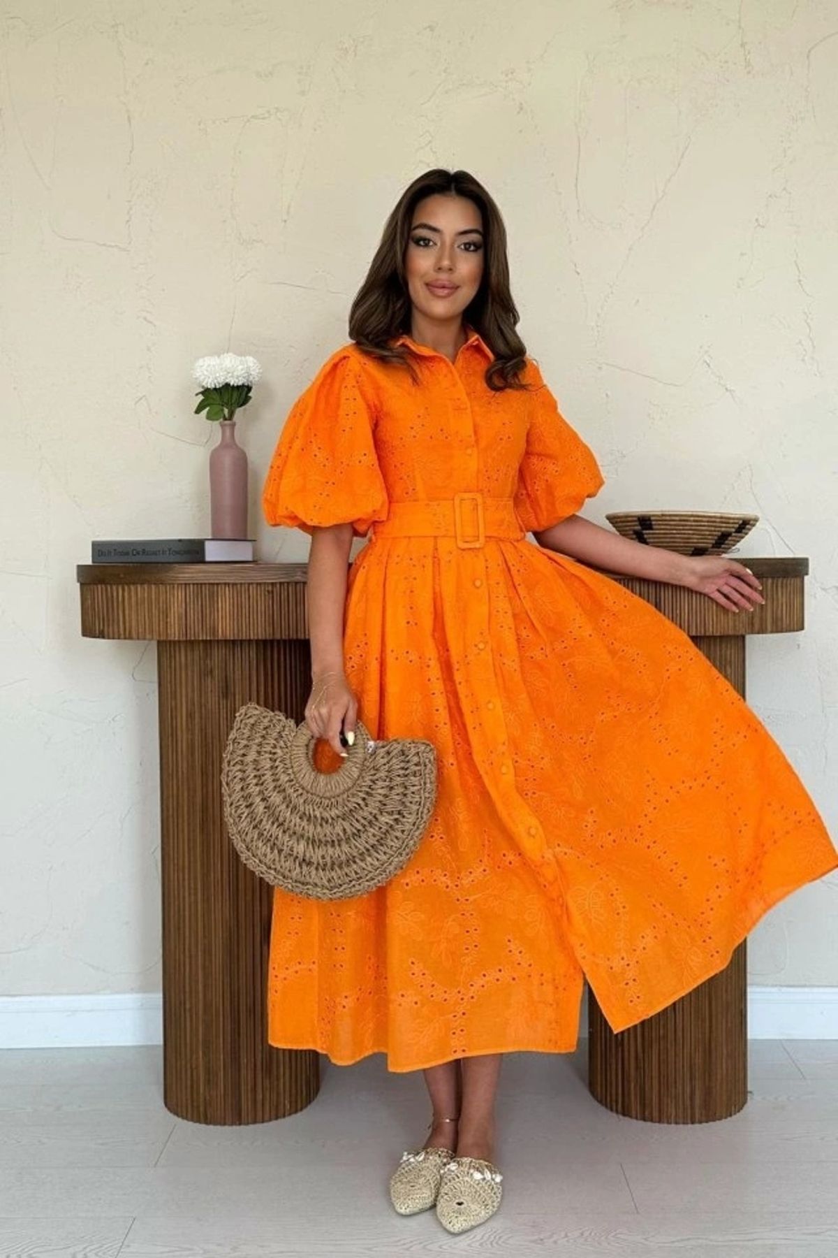 Butik Oranj Pileli Balkon Elbise