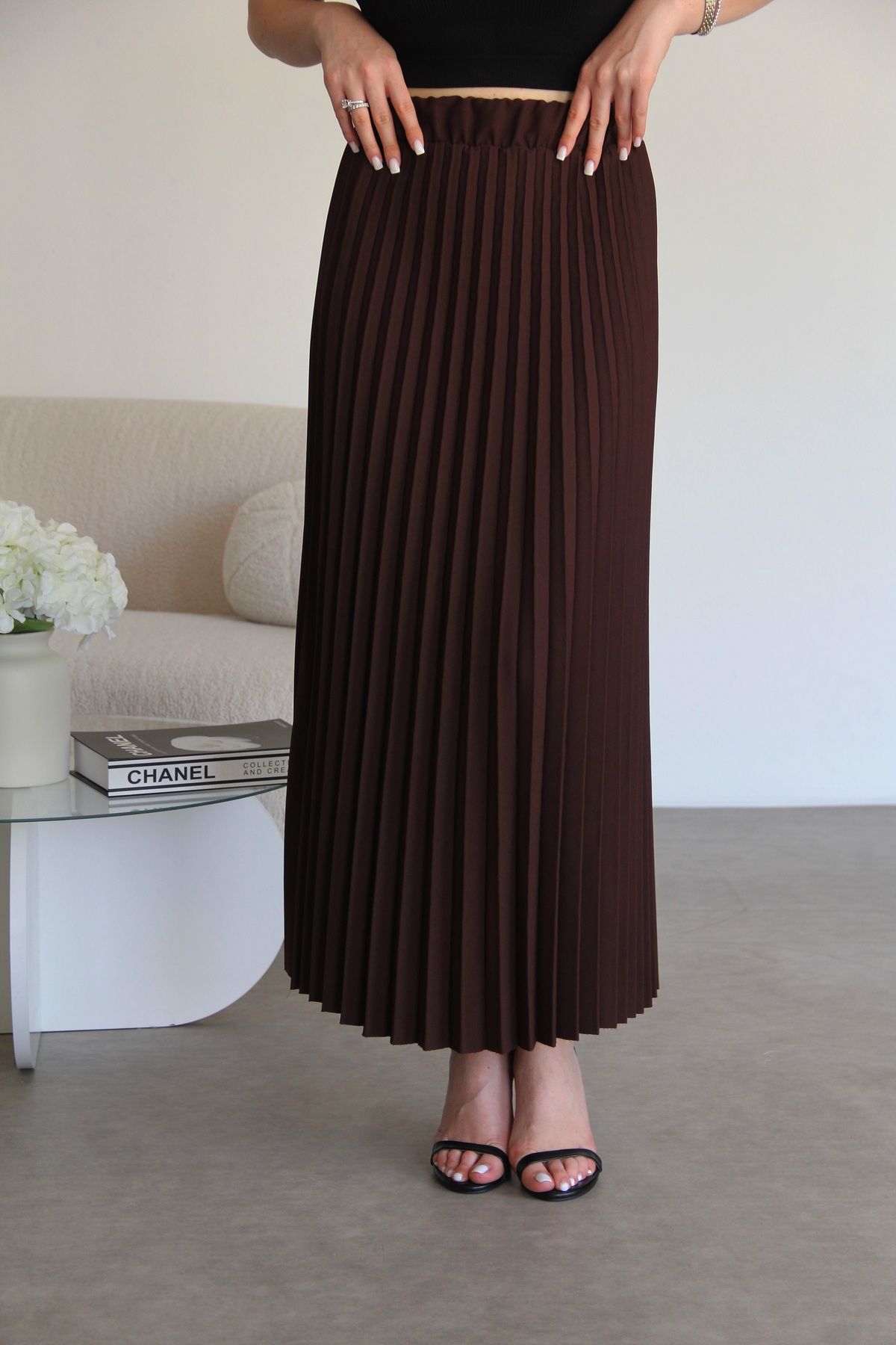 Julidress Beli Lastikli Verev Kesim Midi Boy Premium Piliseli Etek