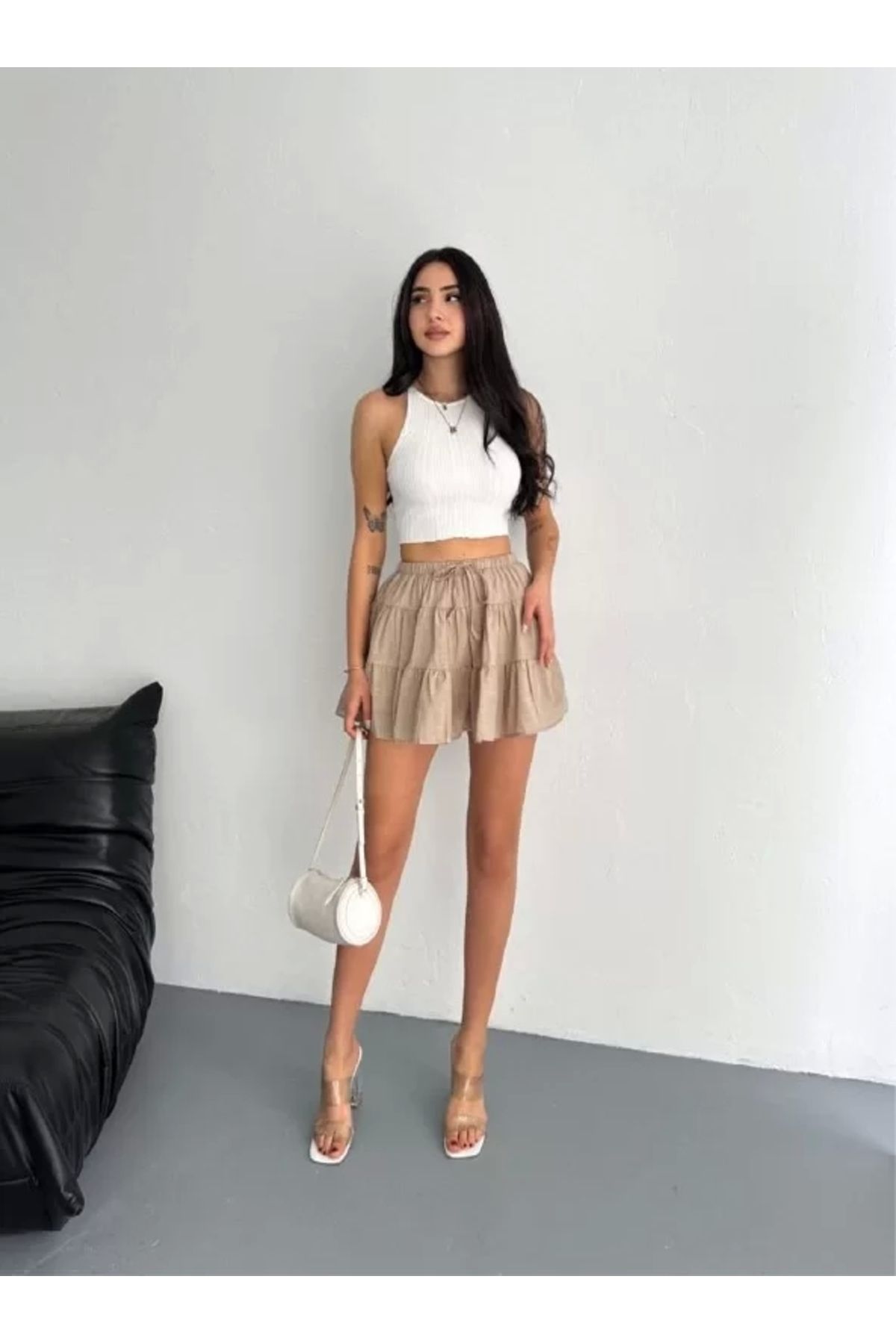 BÜŞRA TEZEL MODA Keten Şortlu Etek - Açık Kahve