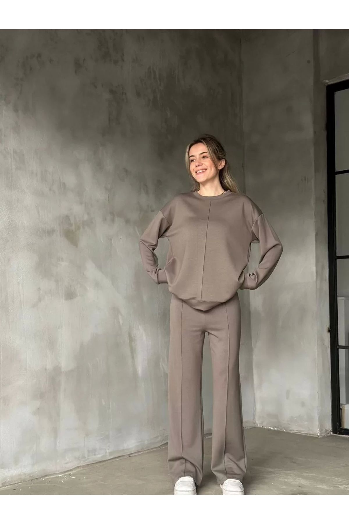 BÜŞRA TEZEL MODA Osy Modal Yumuşak dokulu Kumaş Bisiklet Yaka Takım- Gri