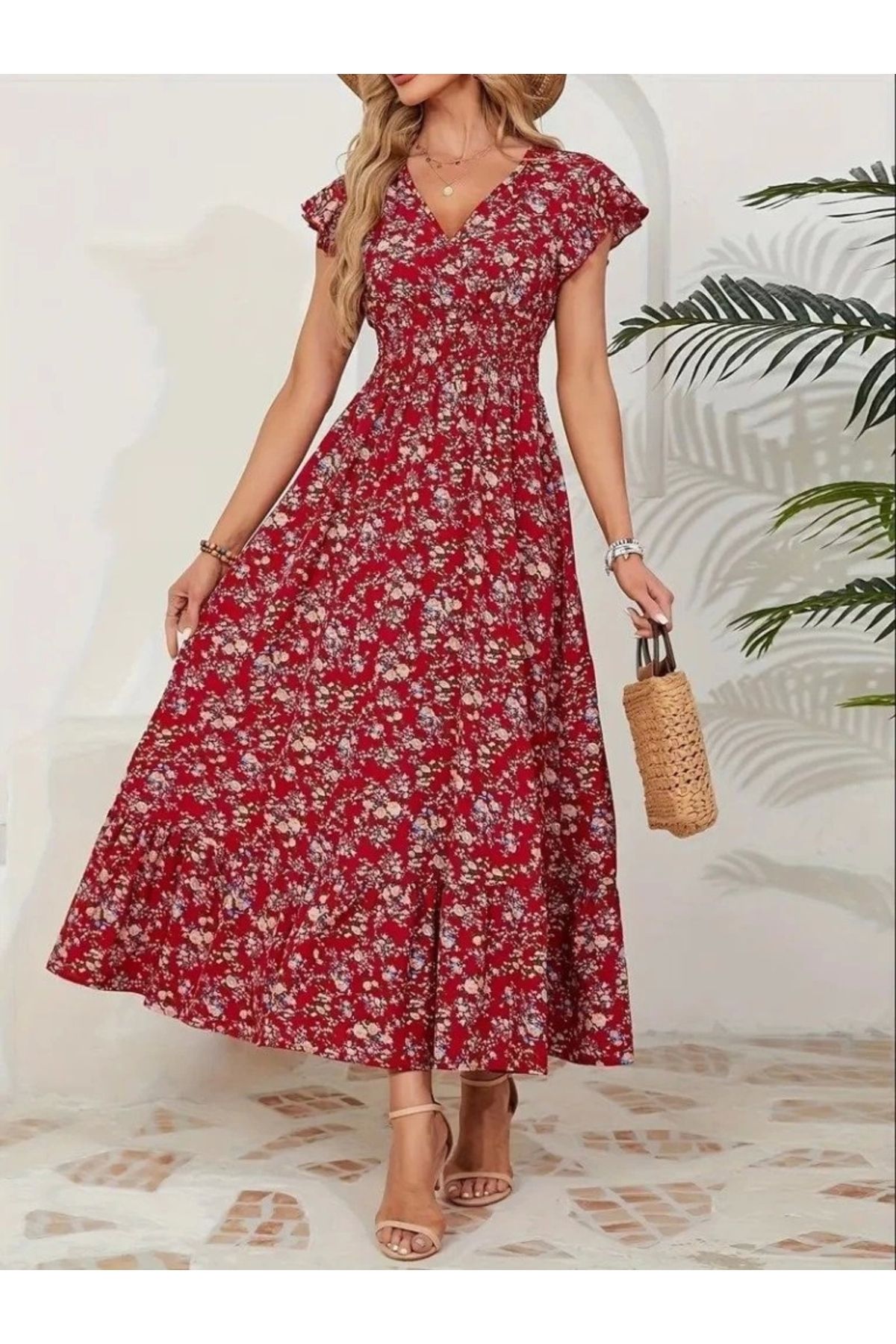 Butik Kadın Kısa Kollu Kruvaze Yaka Beli Lastikli çiçek Desenli Elbise