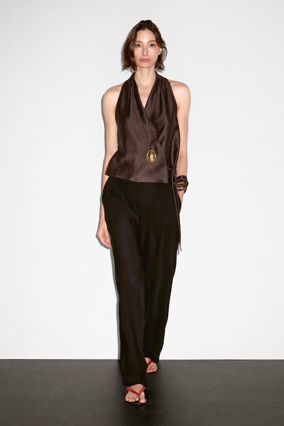 Massimo Dutti Keten karışımlı kruvaze halter yaka top