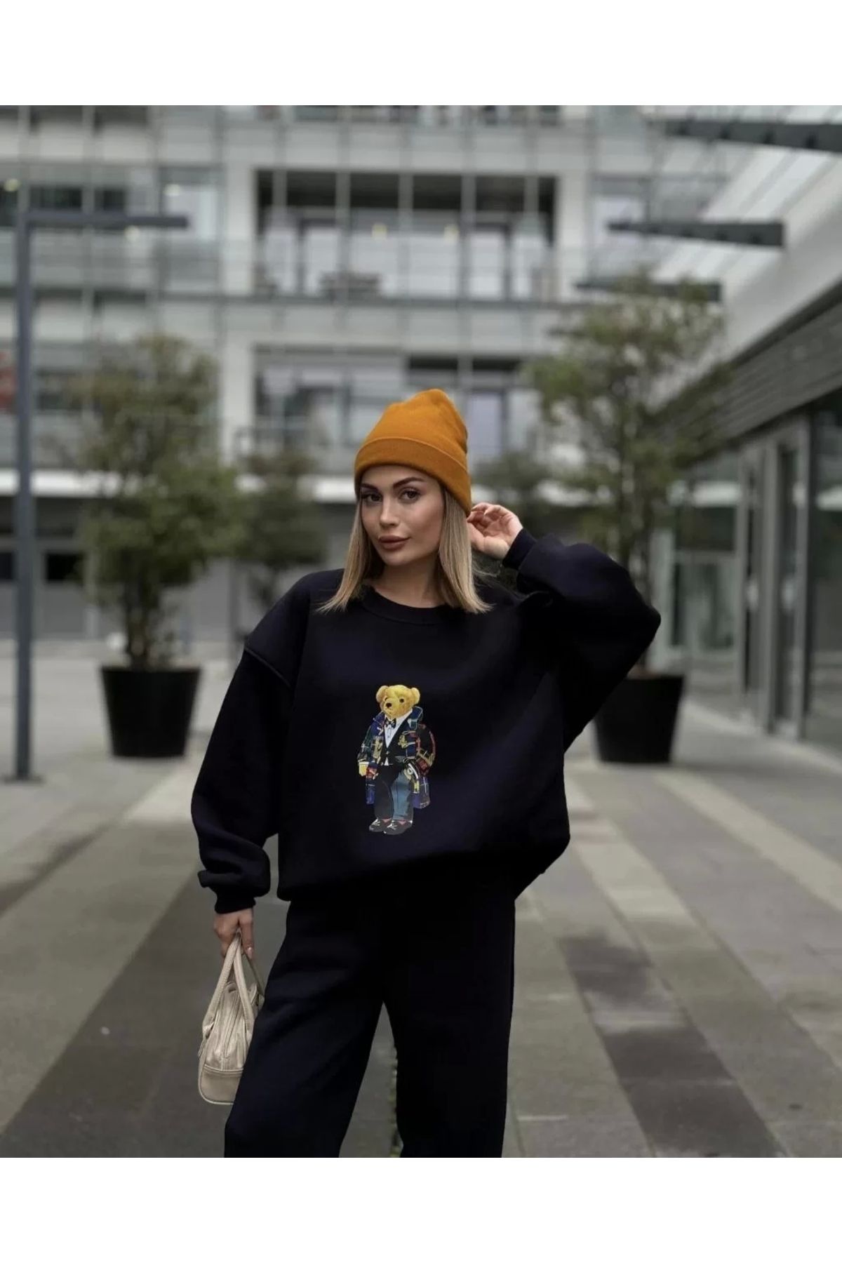 BÜŞRA TEZEL MODA Bisiklet Yaka Üç İplik Sweat Takım - Siyah