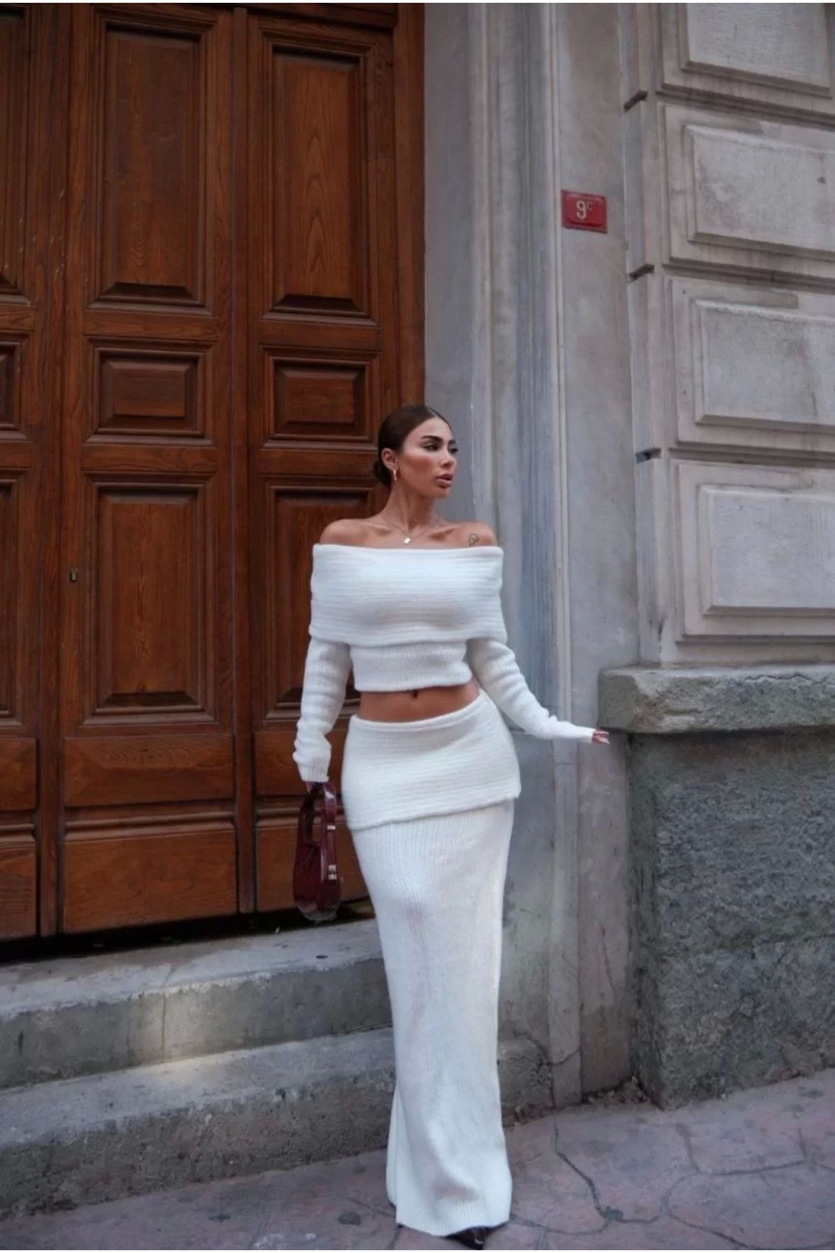 CanselButik Carmen Yaka Croplu Uzun Etekli ikili Takım Triko - Beyaz