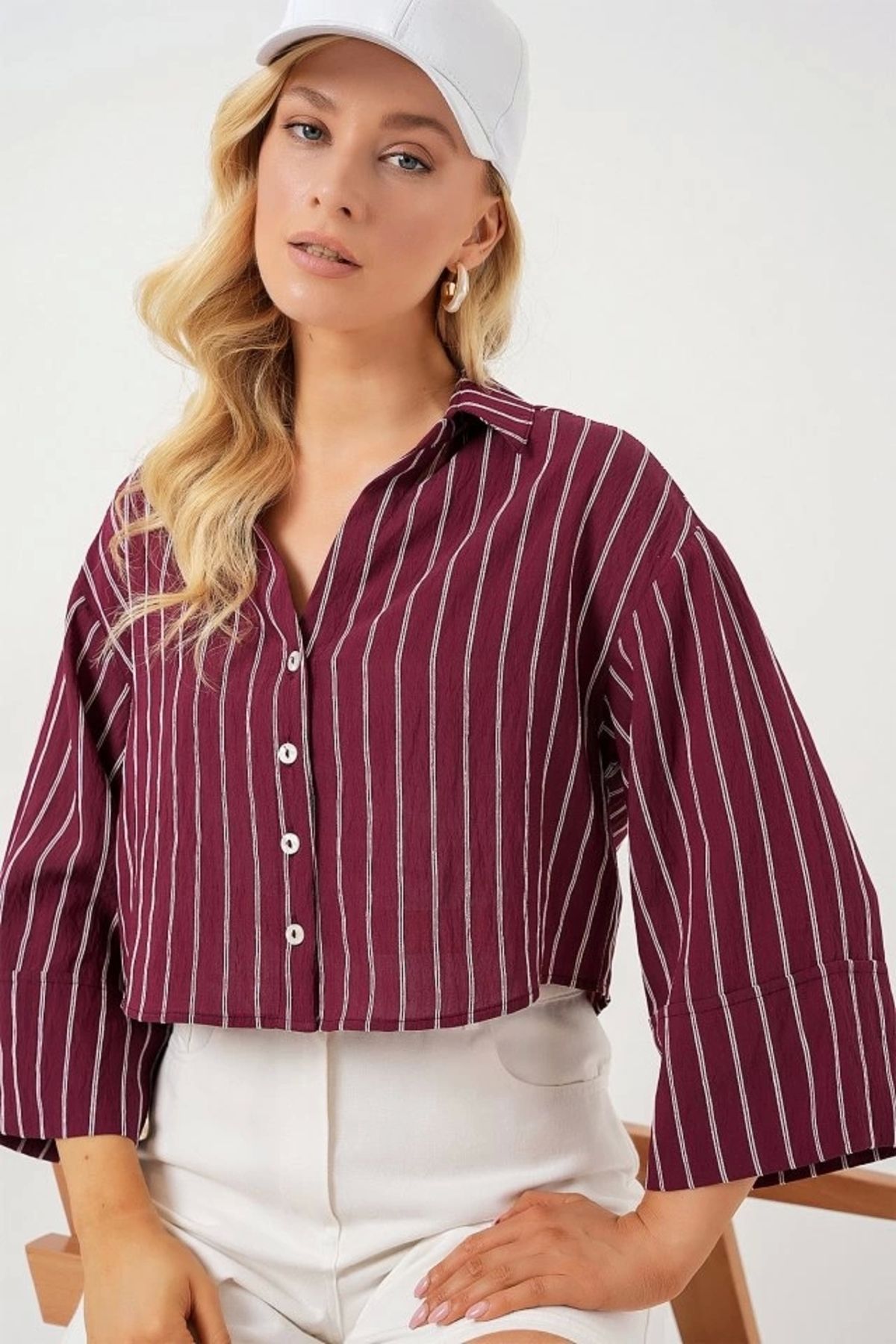Butik Çizgili Oversize Kısa Gömlek 20326 - Bordo