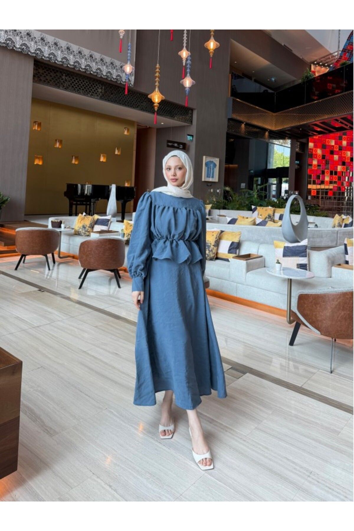 Miraydın Butik Kadın Büzgülü Gömlek Etek Takım M41355 - İndigo Mavi