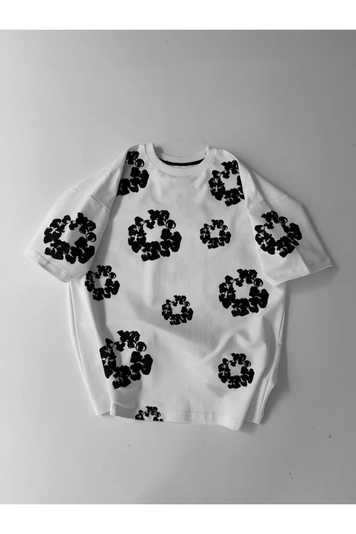 CanselButik Ön ve Arka Baskılı Oversize Bisiklet Yaka T-shirt- Beyaz