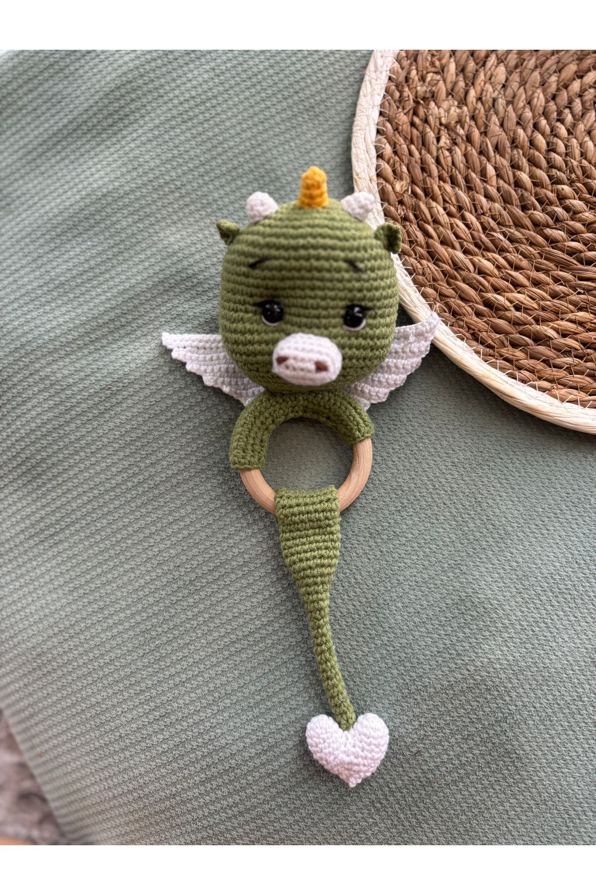 Aia&Co Amigurumi Sevimli Dinozor Çıngırak Ve Diş Kaşıyıcı Organik Örgü Oyuncak