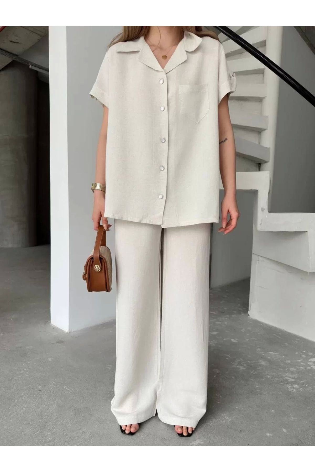 BÜŞRA TEZEL MODA Keten Kısa Kollu Cepli Gömlek Pantolon ikili Takım - Beyaz