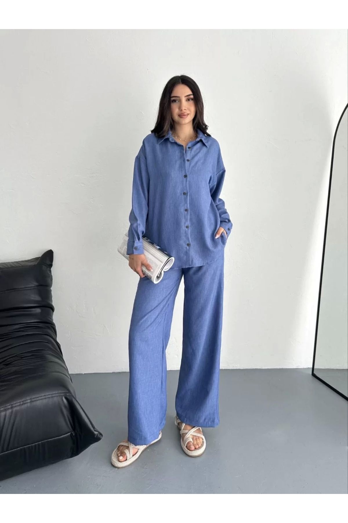 BÜŞRA TEZEL MODA Gömlek Pantolon ikili Takım - Mavi