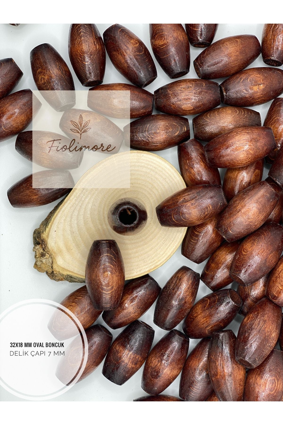 Fiolimore 32x18 mm Kahverengi Oval Ahşap Boncuk (50 Gram 15 Adet) Delik Çapı 7 mm Makrome Çanta