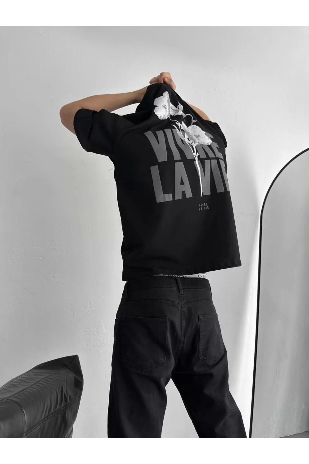 BÜŞRA TEZEL MODA Baskılı Oversize Bisiklet Yaka T-shirt - Siyah