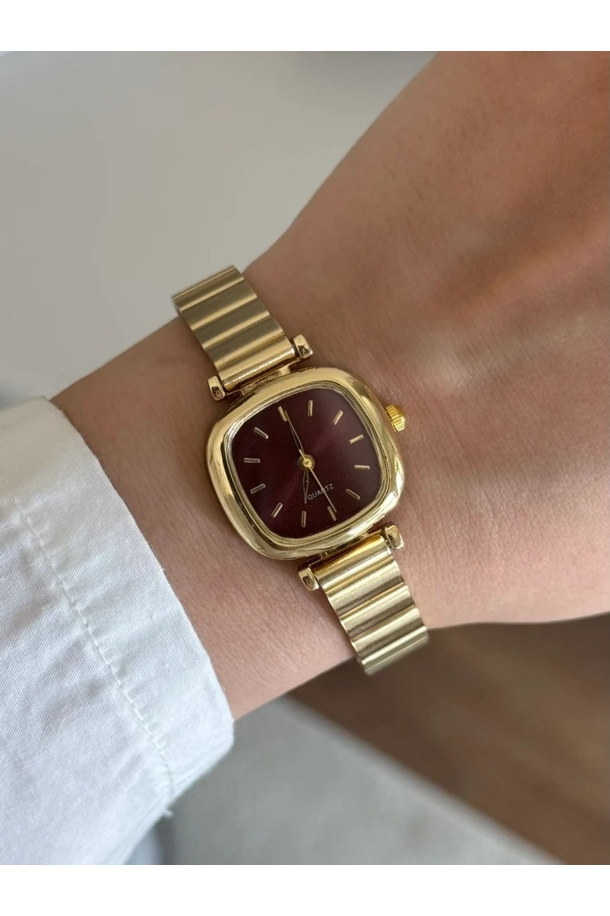 RoseandRoses Paul Minimal Blok Kordon Kadın Kol Saati Gold (Bordo Kadran)