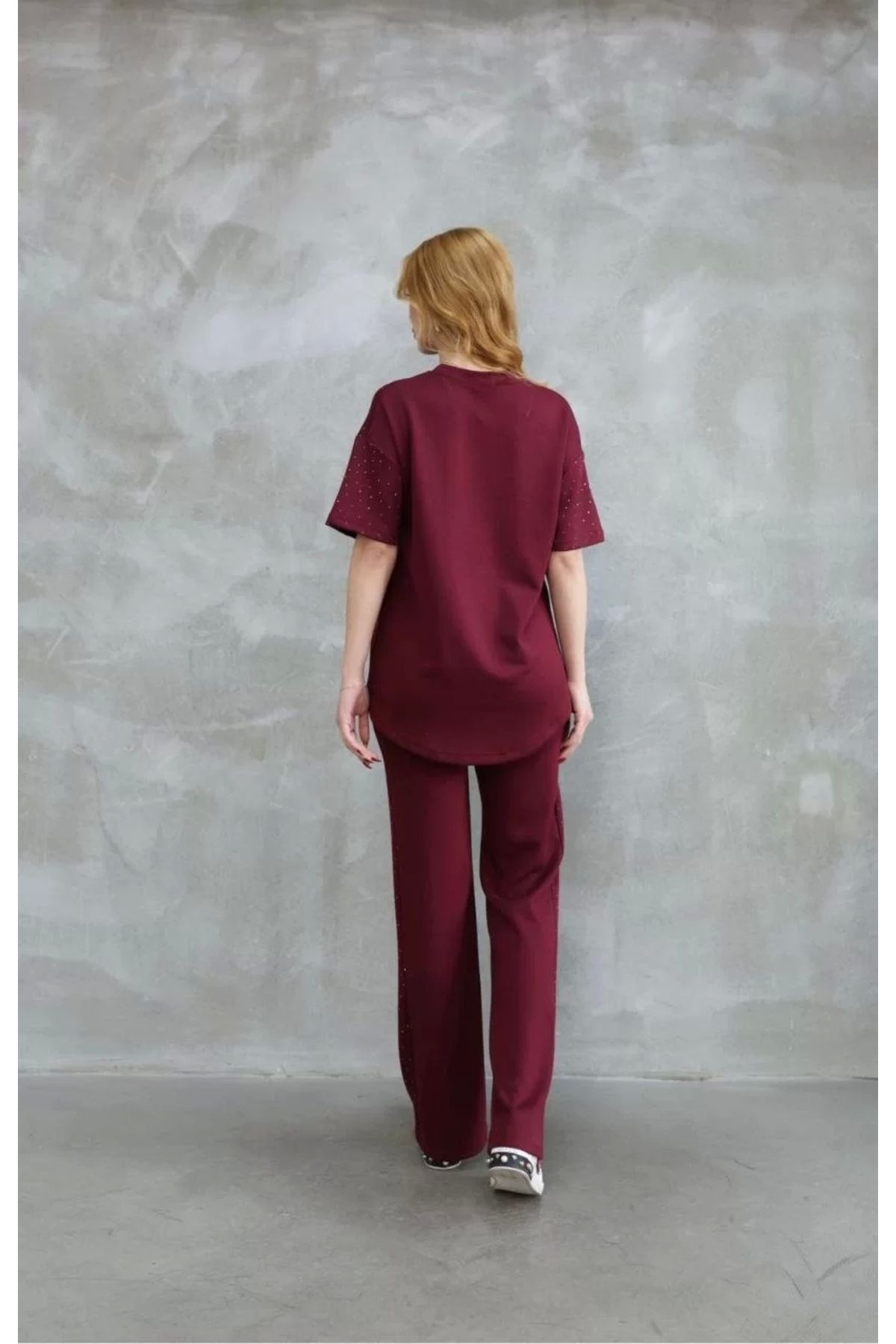 Tam12den Home-Osy modal soft textured fabric bicycle collar stone detailed short sleeve set - burgundy 2