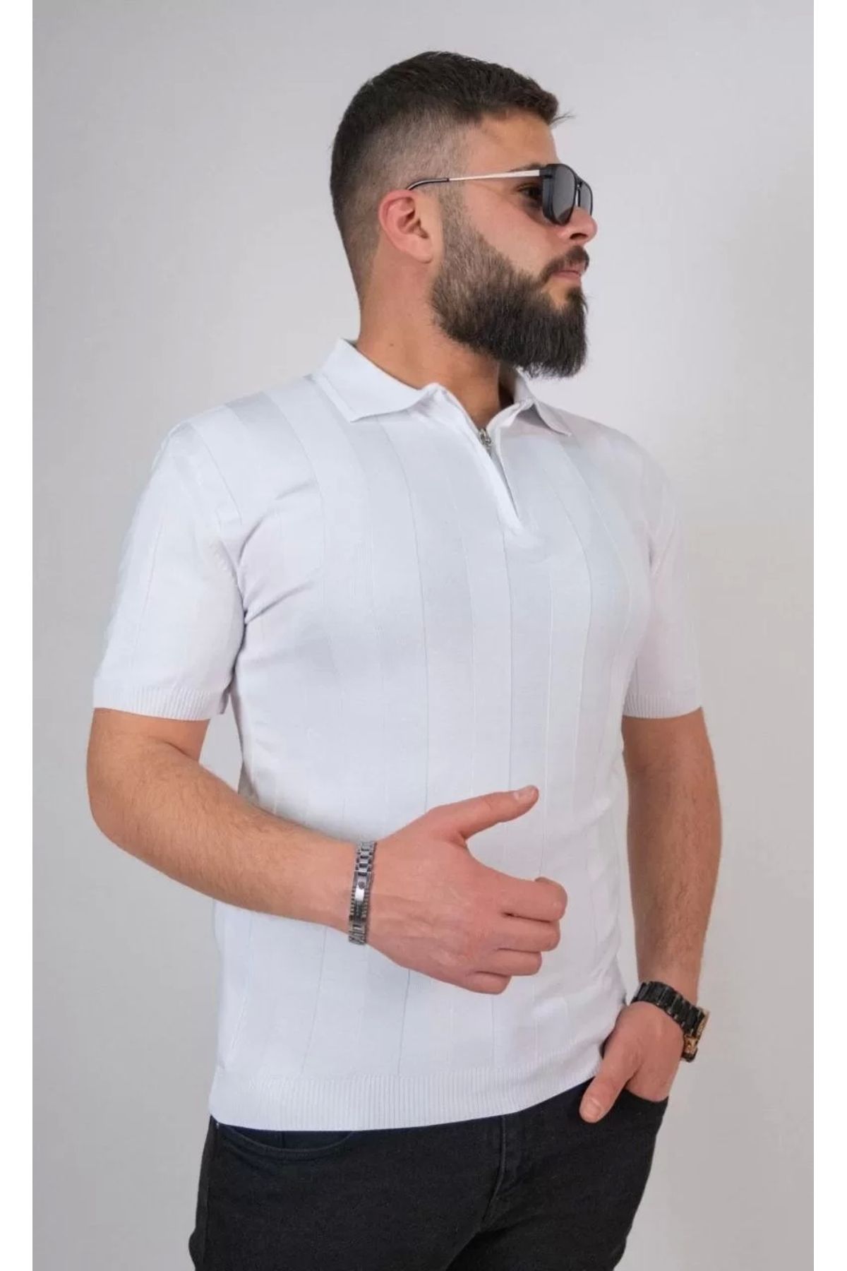 CanselButik Triko Dokuma Yarım Fermuarlı Yakalı T-shirt - Beyaz