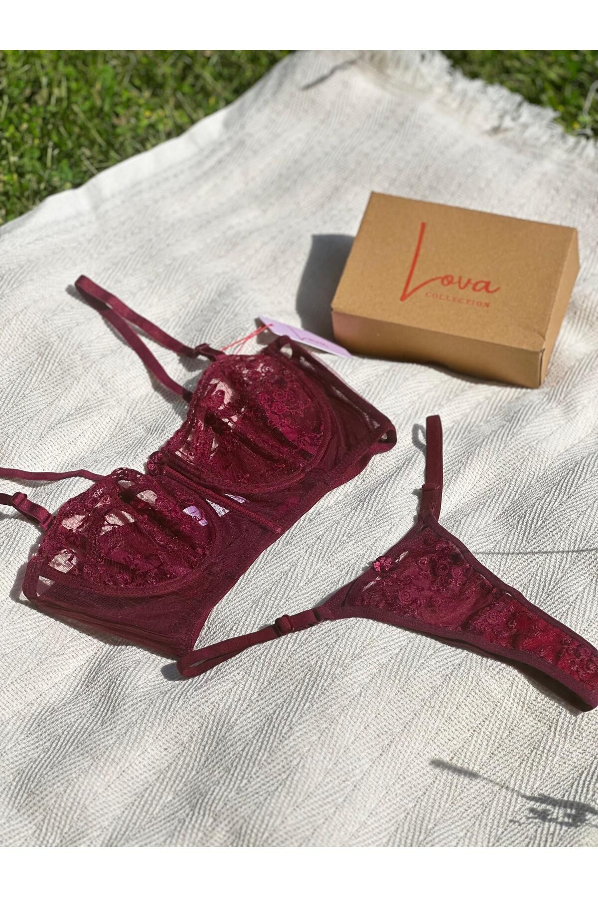 Lova Collection Lydia Çiçek Desenli Straplez/Askılı Bordo Bralet Takım