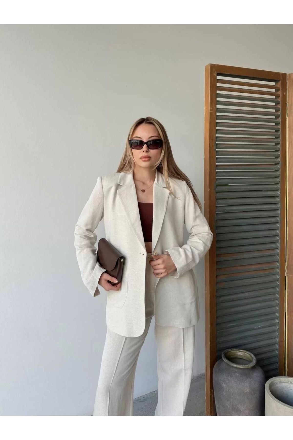 BÜŞRA TEZEL MODA Keten Ceket Pantolon İlik Düğmeli Uzun Kollu Yırtmaçlı ikili Takım - Beyaz