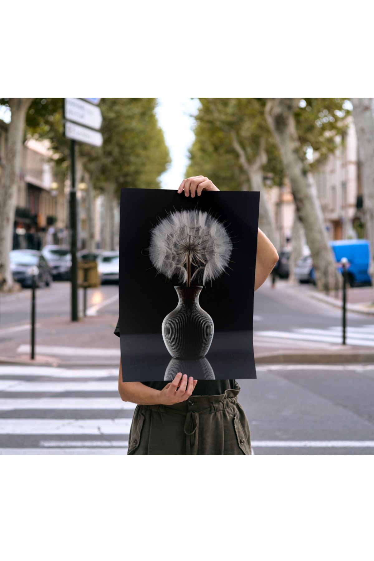 Rosaart Çerçevesiz Poster Siyah Vazoda Karahindiba Çiçeği