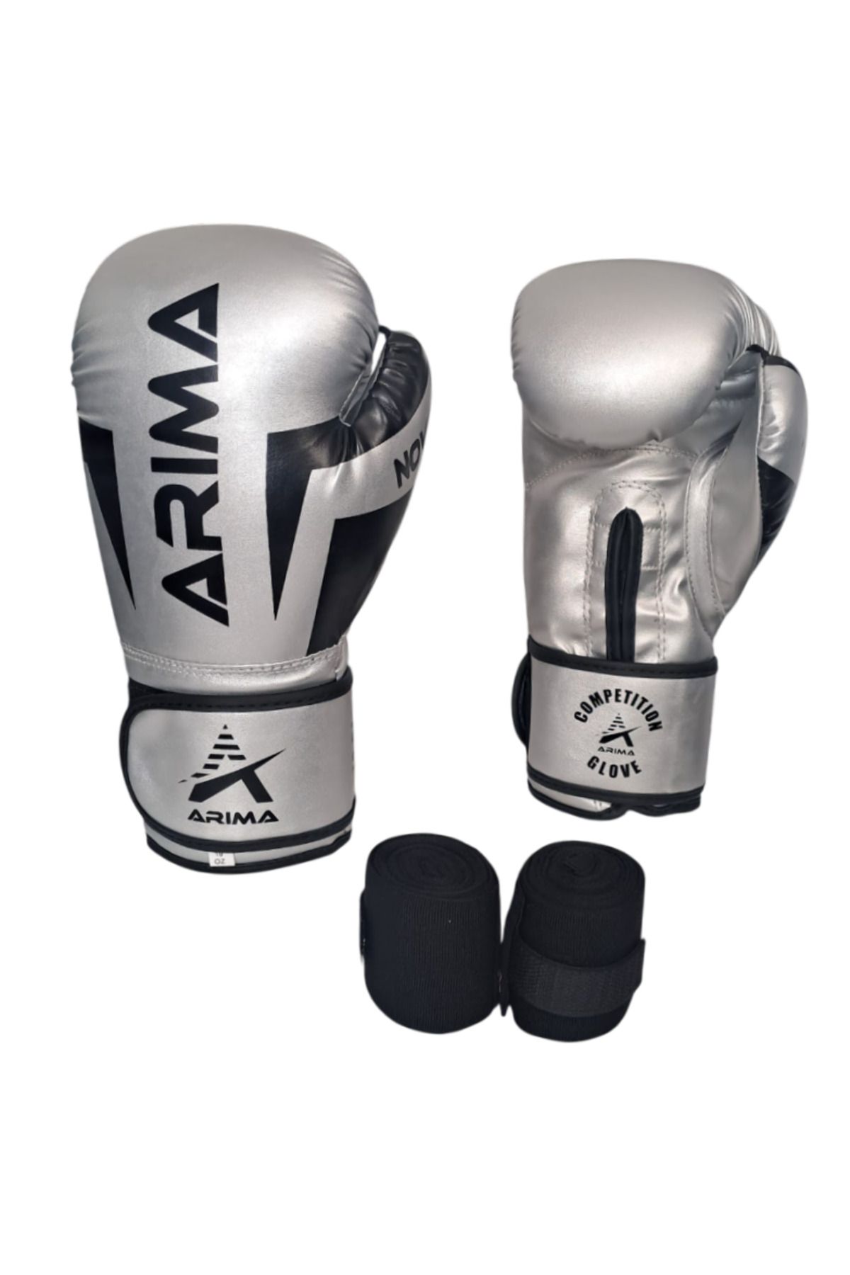 ARIMA Nova-4 Boks-Kickboks-Muaythai Eldiveni Silver + Bandaj Set (8oz-10oz-12oz)