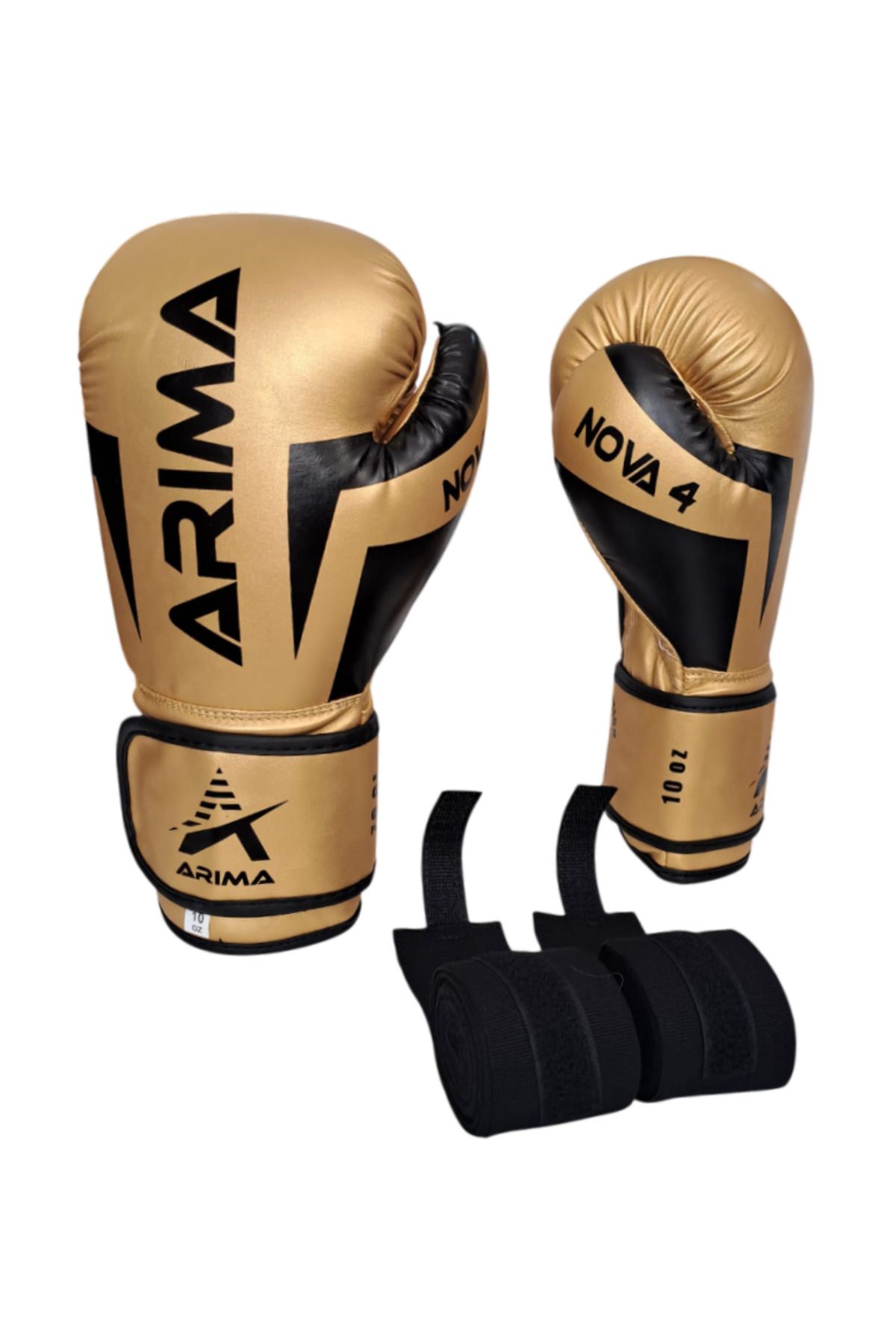 ARIMA Nova-4 Boks-Kickboks-Muaythai Eldiveni Gold + Bandaj Set (8oz-10oz-12oz)