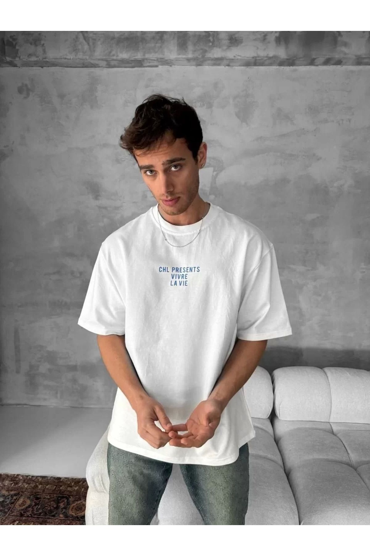 CanselButik Ön ve Arka Baskılı Oversize Bisiklet Yaka T-shirt- Beyaz