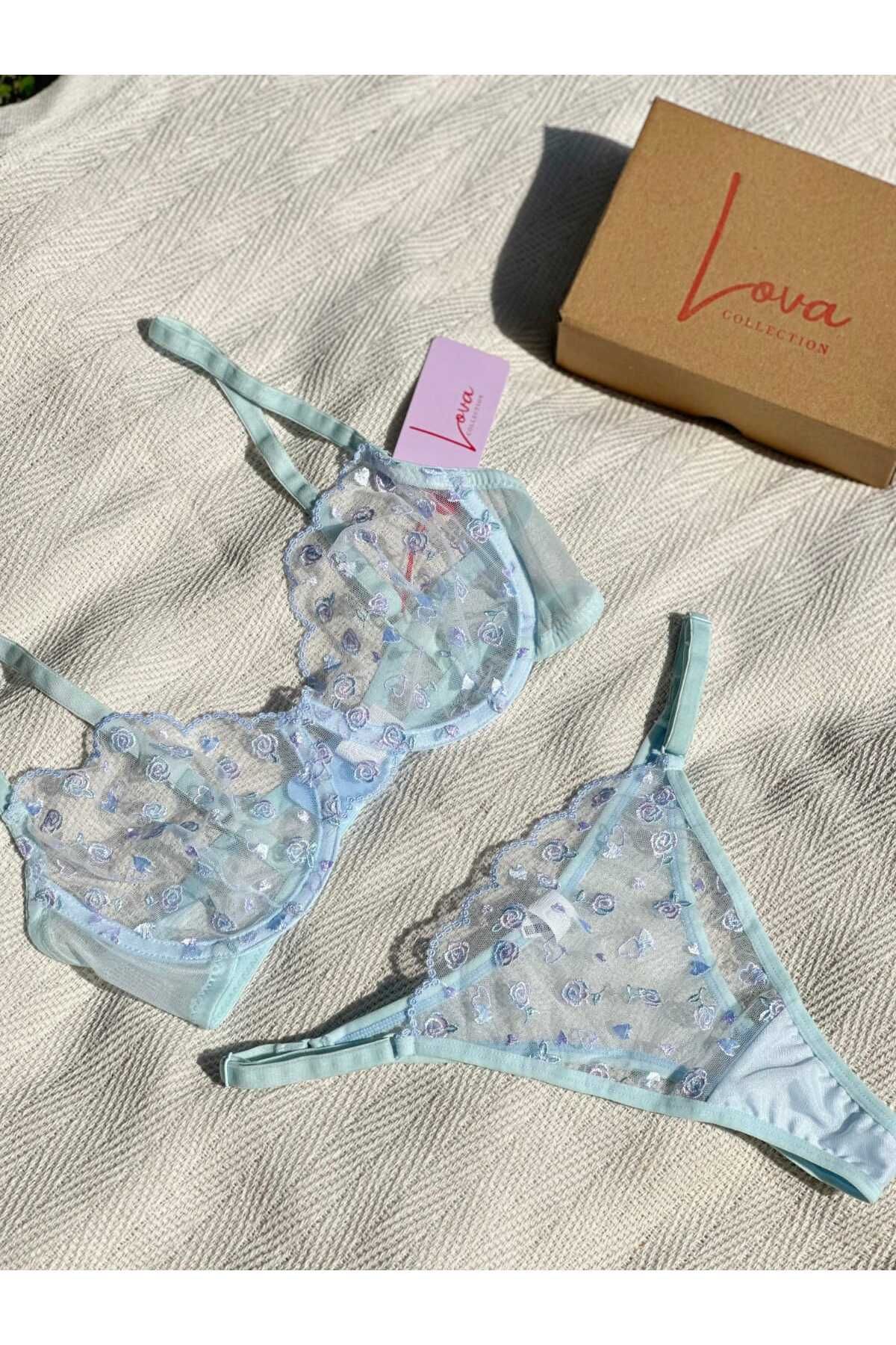 Lova Collection Odette Çiçek Desenli Mavi Bralet Takım