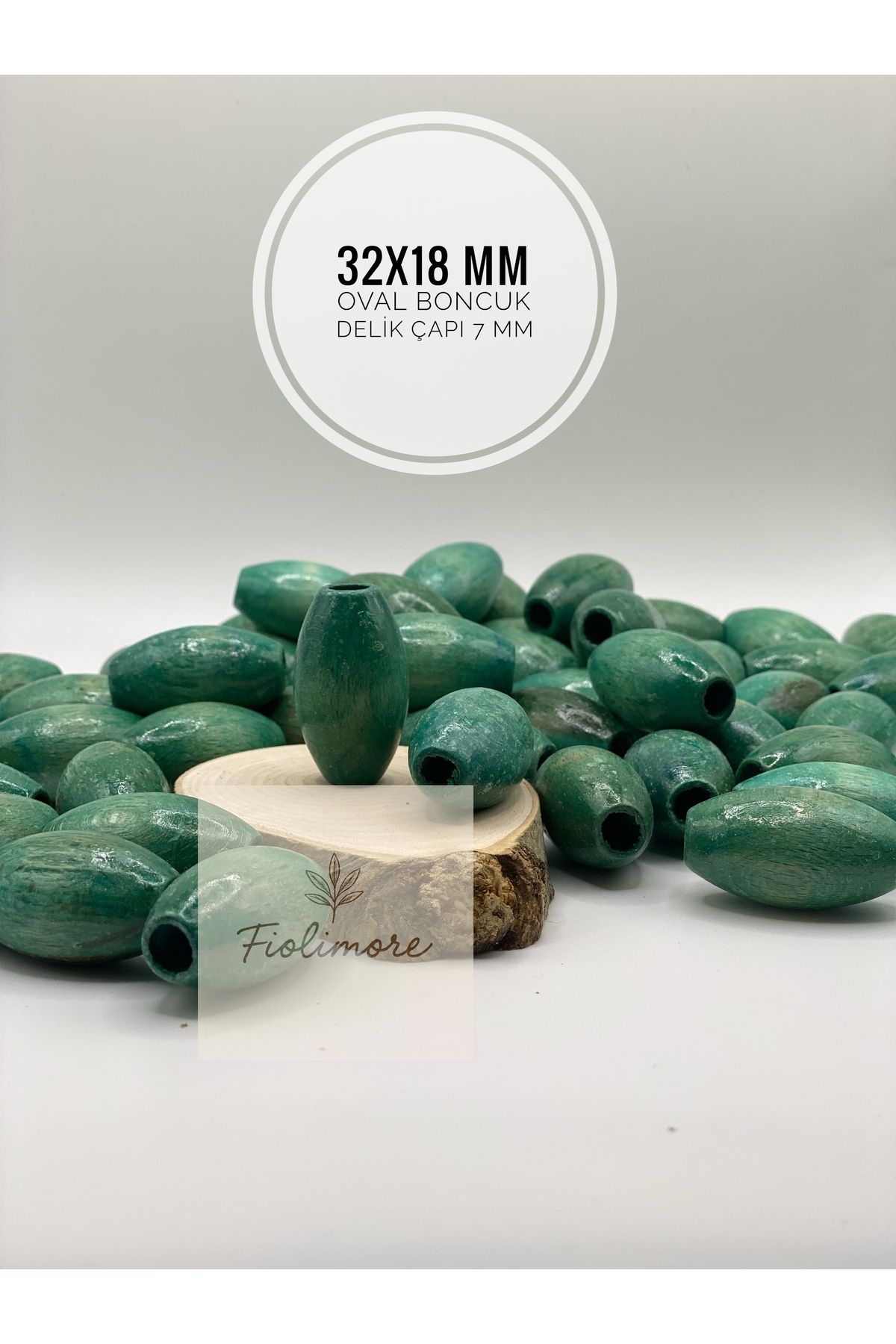 Fiolimore 32x18 mm Turkuaz Oval Ahşap Boncuk (50 Gram 15 Adet) Delik Çapı 7 mm Badem Makrome Çanta