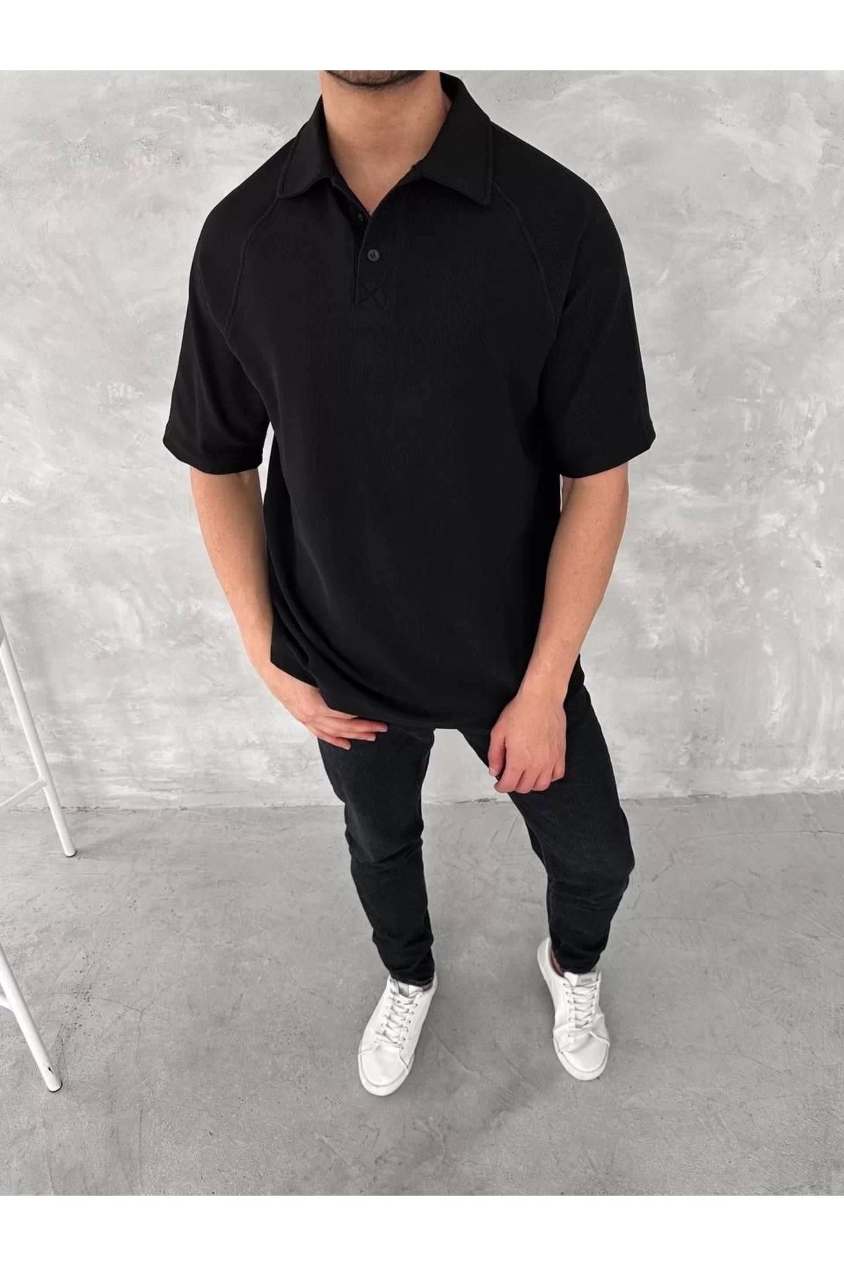 CanselButik Yakalı Patlı Kısa Kol T-shirt - Siyah
