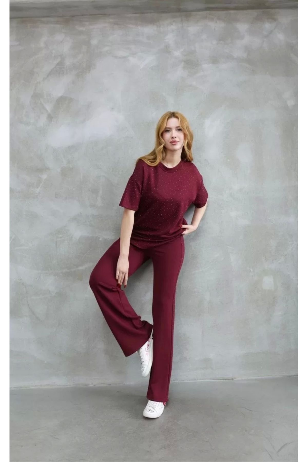 Tam12den Home-Osy modal soft textured fabric bicycle collar stone detailed short sleeve set - burgundy 3